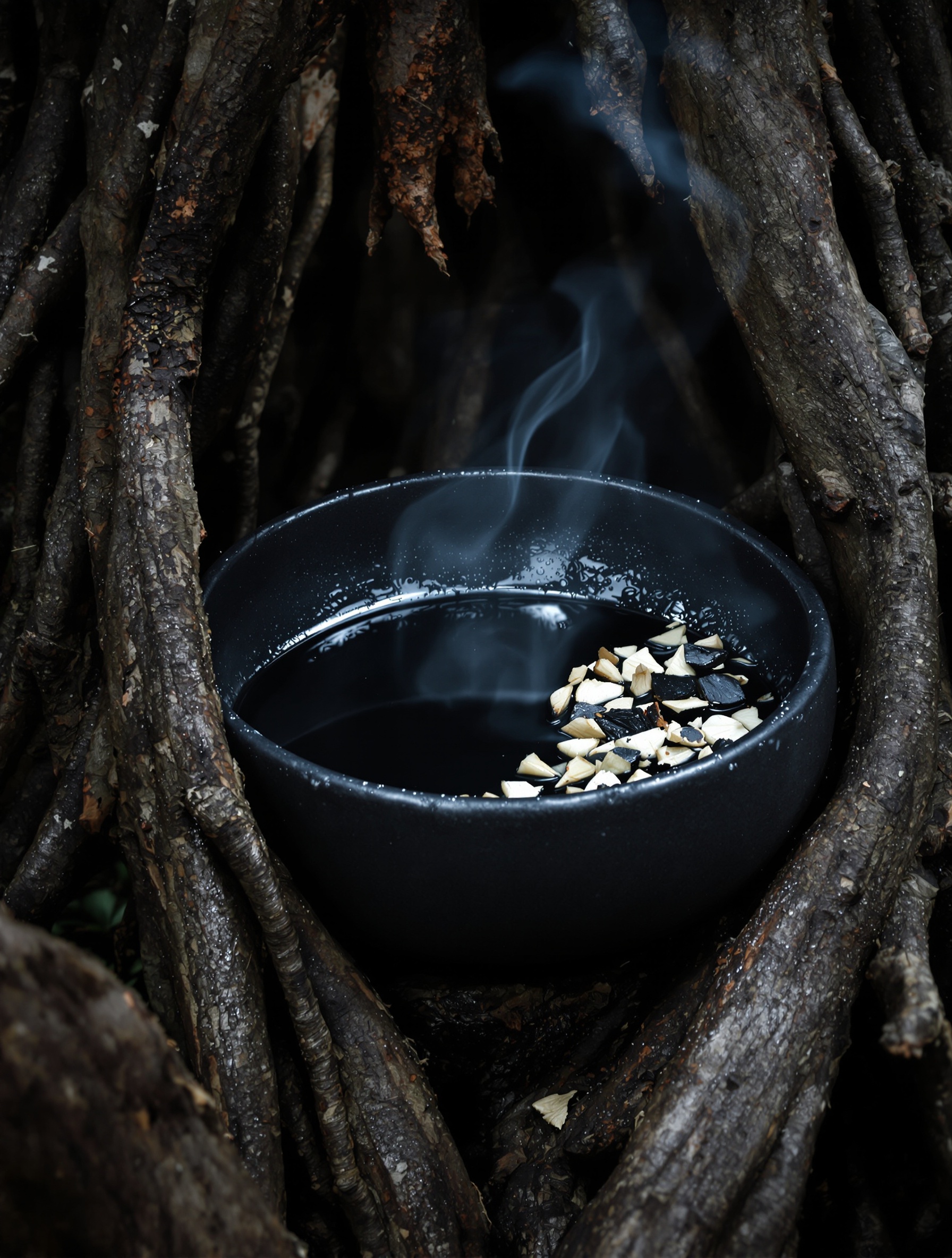 Sebuah hutan malam tanpa cahaya mendekap mangkuk obsidian berisi tingtur kesturi yang hampir kehitaman, asap resin menggulung melalui akar-akar purba sementara serpihan gaharu pucat perlahan-lahan ditelan oleh cairan yang gelap.