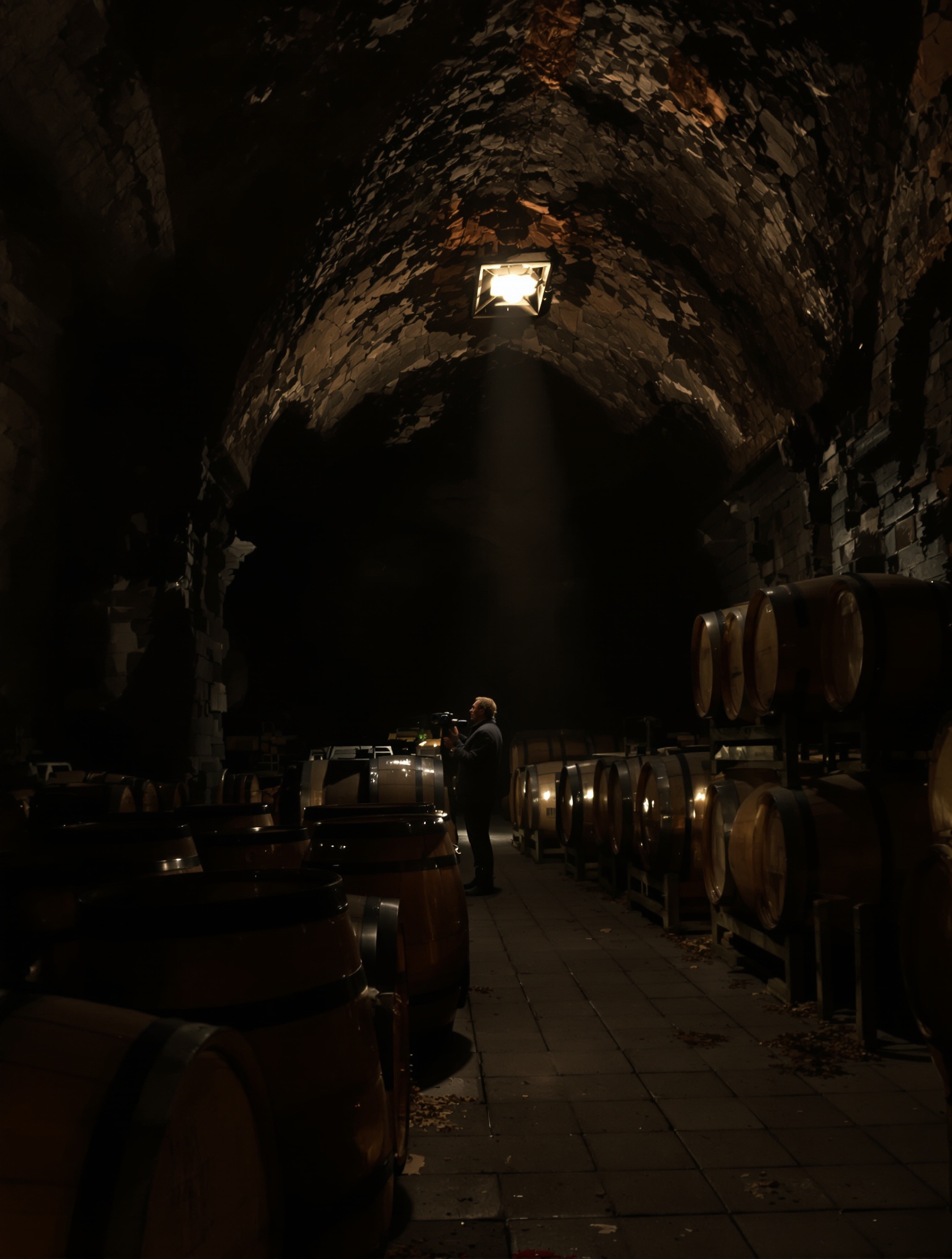 A cold shaft of winter light pierces the vaulted limestone darkness of an ancient cognac cellar, evoking the elegiac soul of Angels' Share by Kilian Paris.