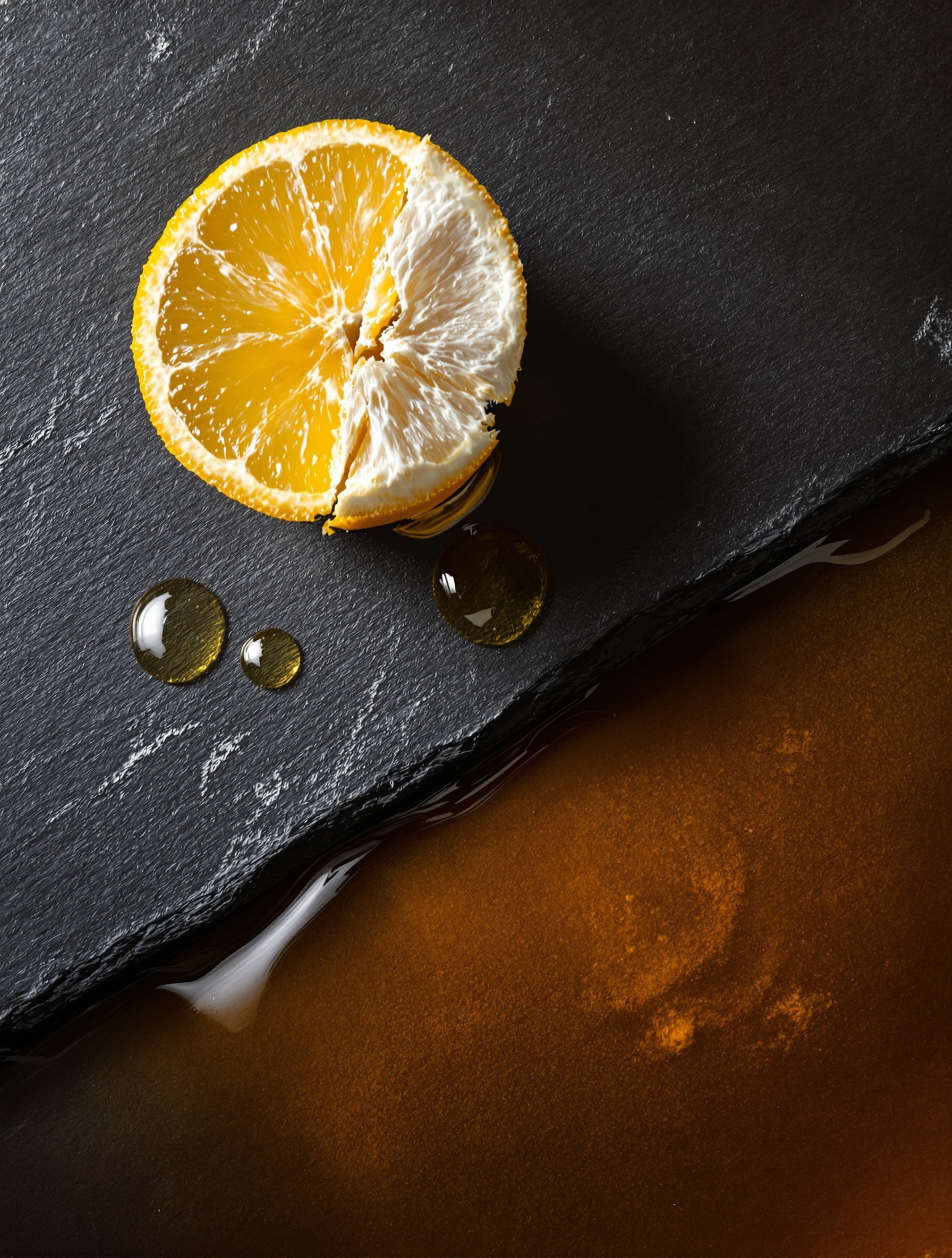 Angels Share on the Rocks: kulit Bergamot yang tercabik dengan pori-pori basah di samping genangan Cognac yang melebar di atas batu tulis hitam, sitrus dingin dan amber pekat dalam kontras yang tak terpecahkan.