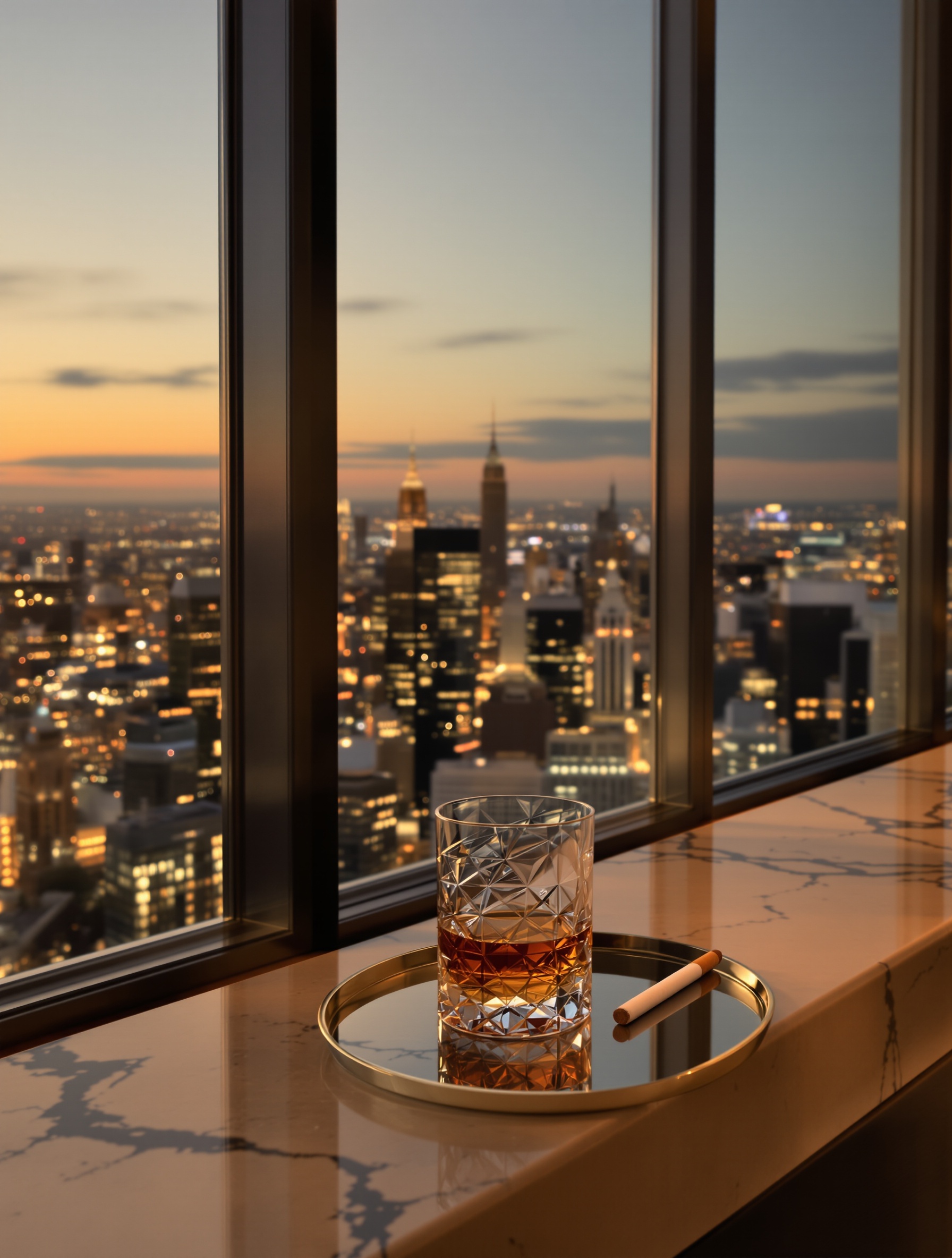A crystal tumbler of amber spirit on a marble penthouse ledge catches golden-dusk city light in a scene evoking Clive Christian Blond Amber's warm, privately opulent soul.