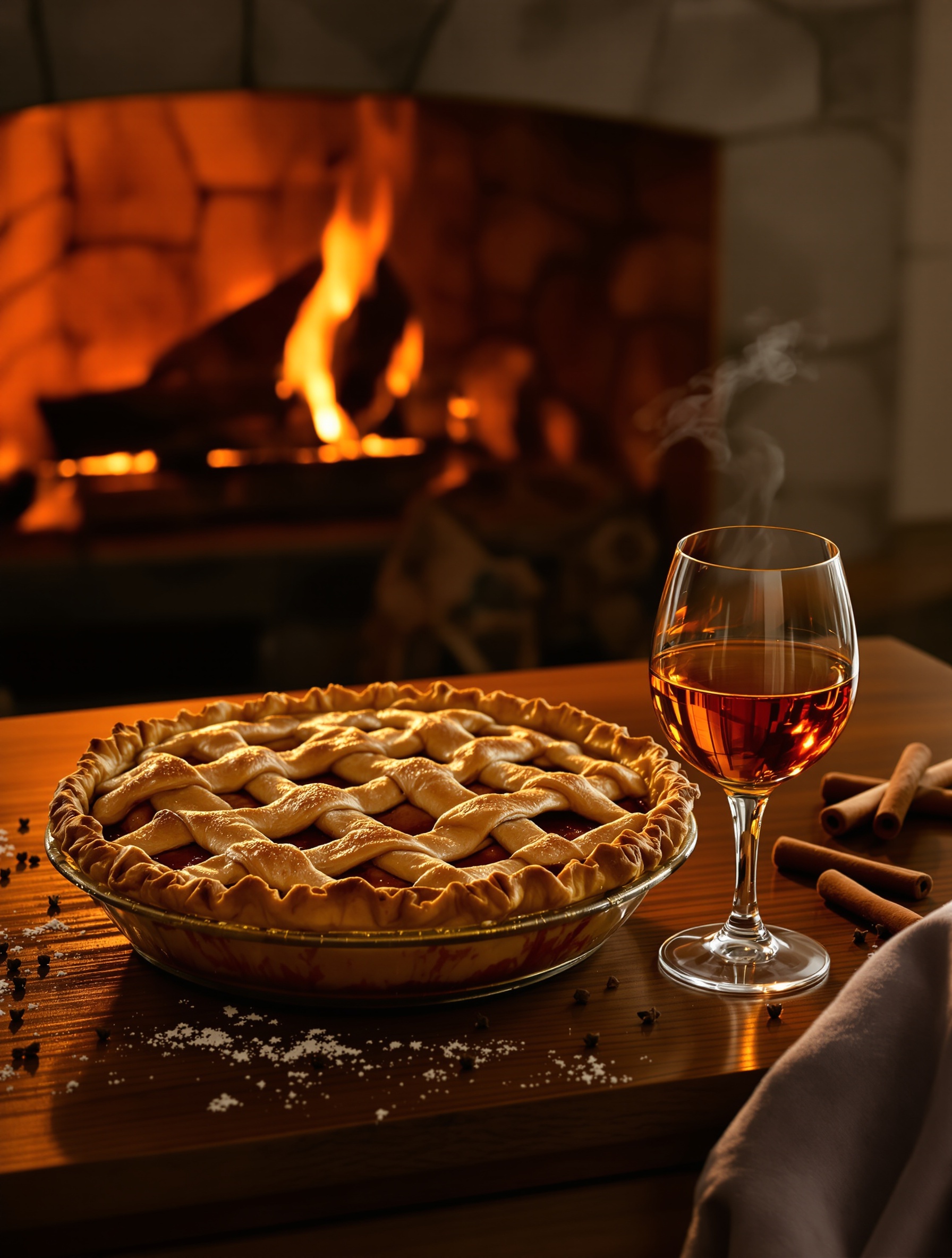 A glowing apple pie with a lattice crust steams beside a cognac glass in hearth-lit winter stillness, evoking the indulgent gourmand warmth of Angels' Share by Kilian Paris.