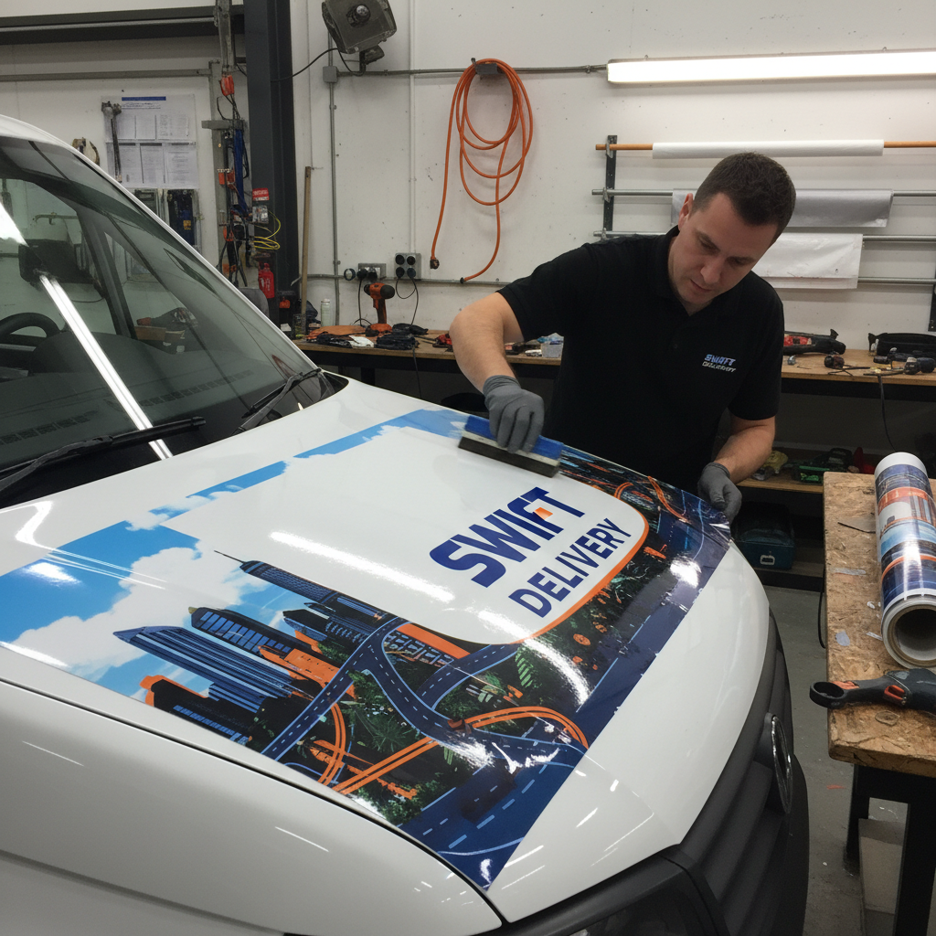 Professional installer applying vinyl wrap to vehicle hood with squeegee in workshop