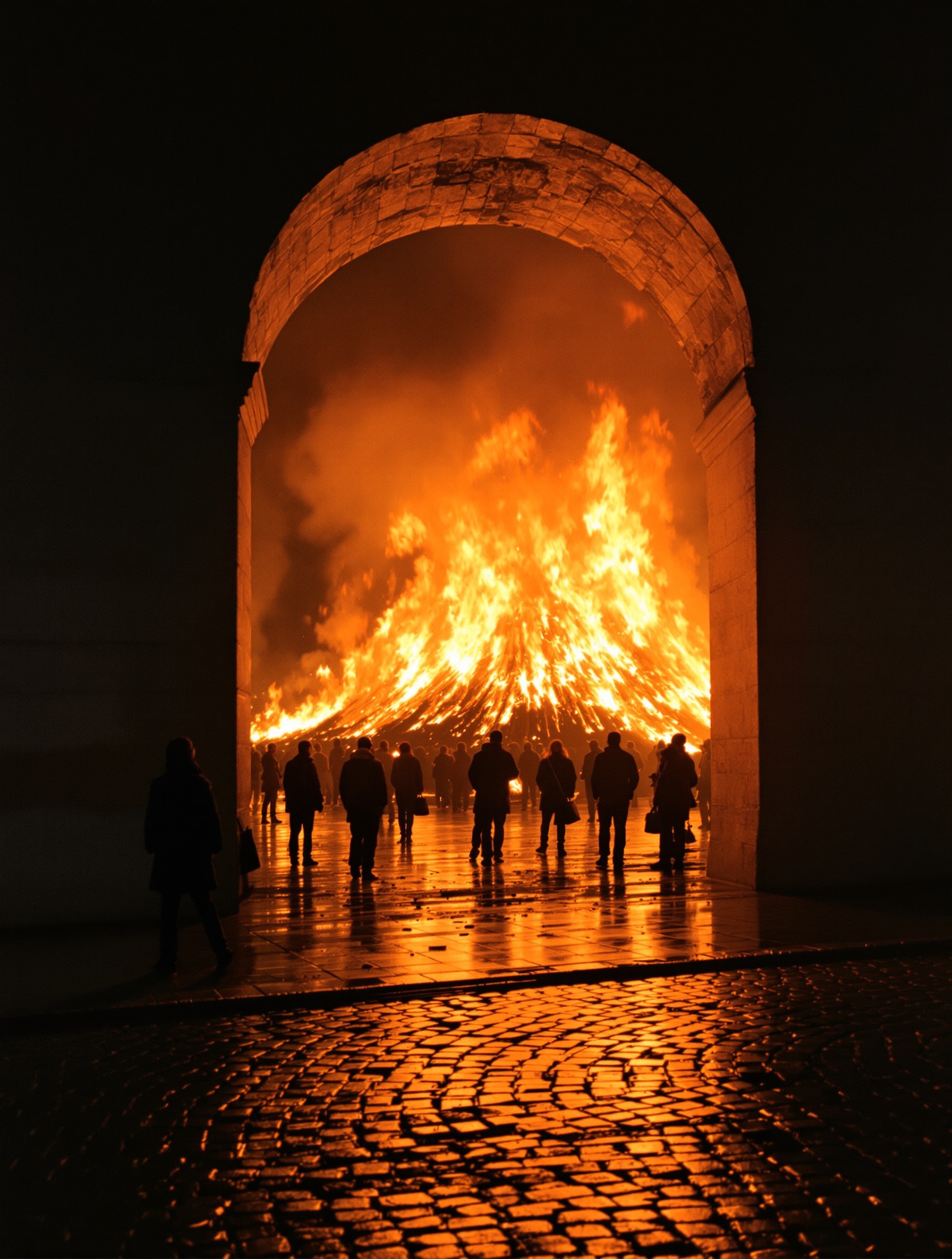 Silhouetted figures seen from behind through a stone archway facing a roaring barricade fire reflected in wet cobblestones at night.