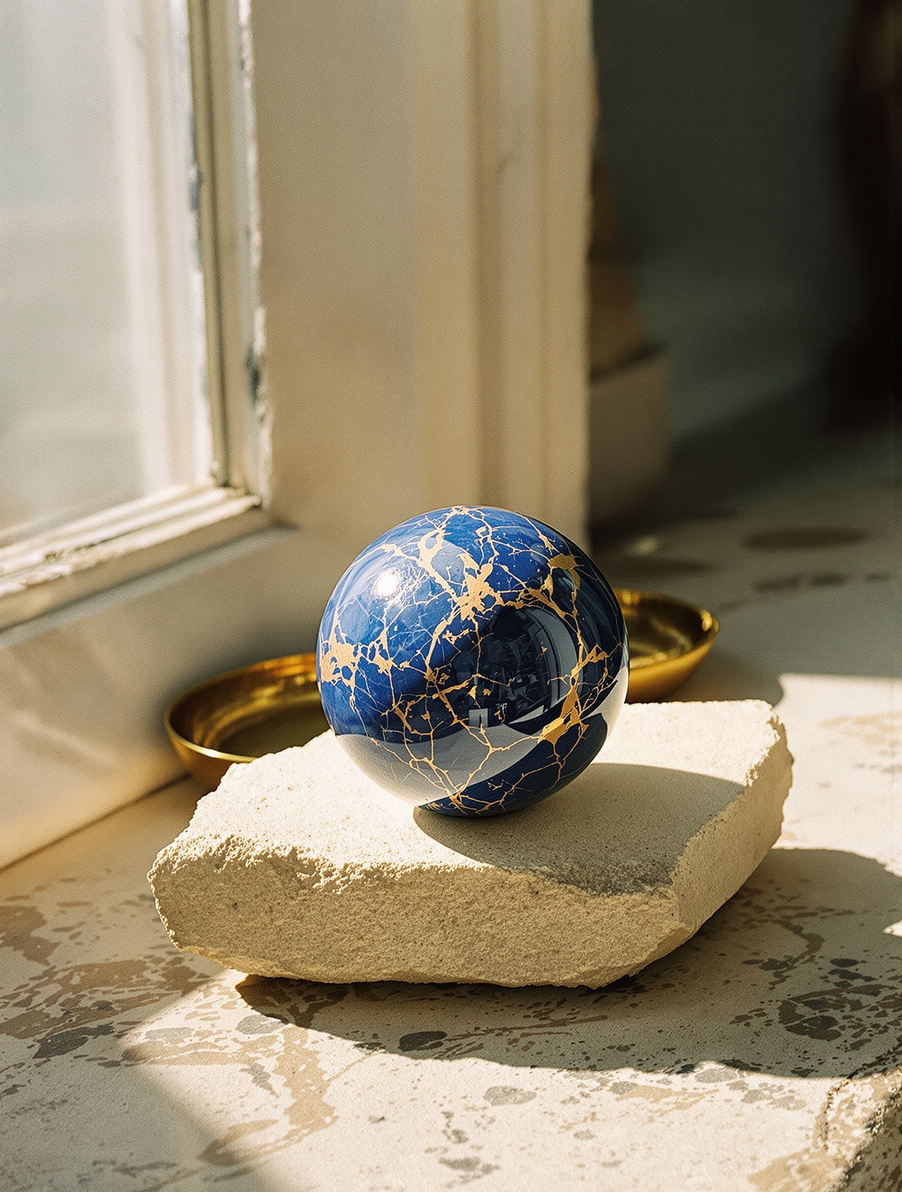 A lapis lazuli sphere resting on rough limestone in warm available light, shot on film.