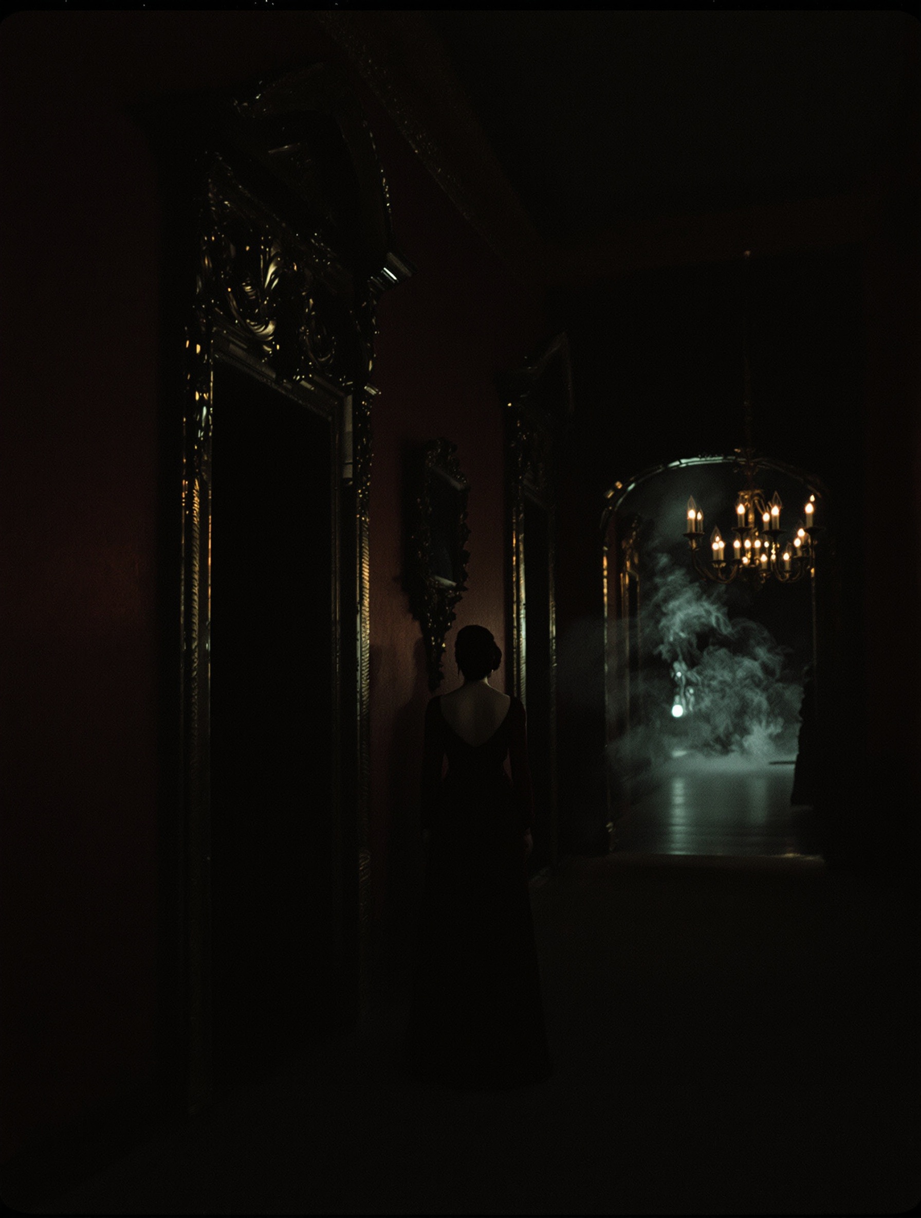 A figure in garnet velvet stands from behind in a candlelit baroque corridor, smoke drifting through gilded shadows.