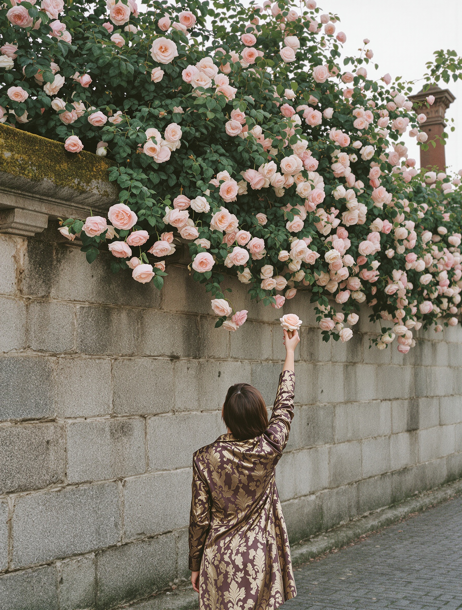 A brocade-clad figure seen from behind holds a blush rose over a moss-covered stone garden wall at dusk.