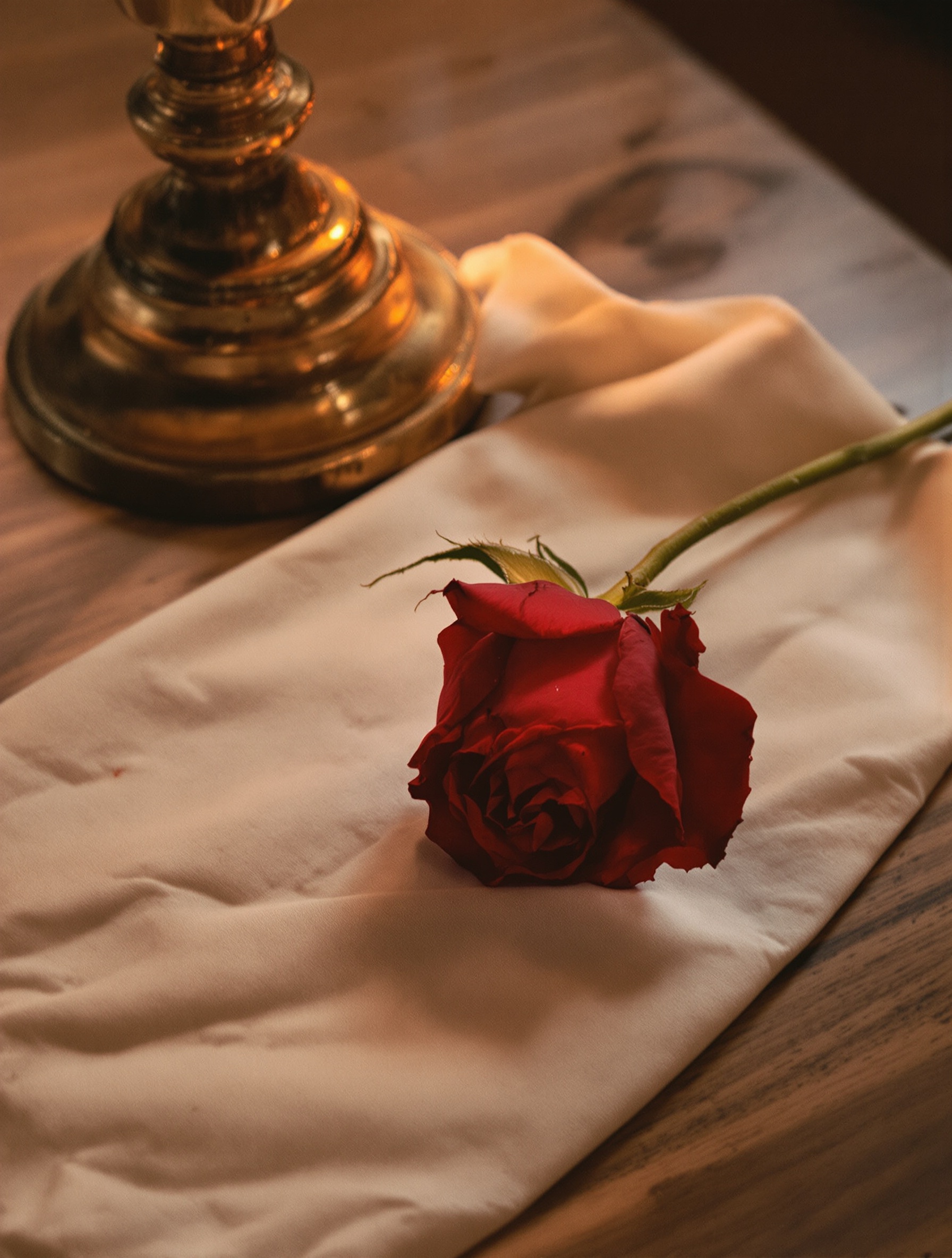 Sekuntum mawar merah sejati di atas linen gading yang kusut, diabadikan dalam cahaya lilin pada film 35mm berbutir halus.