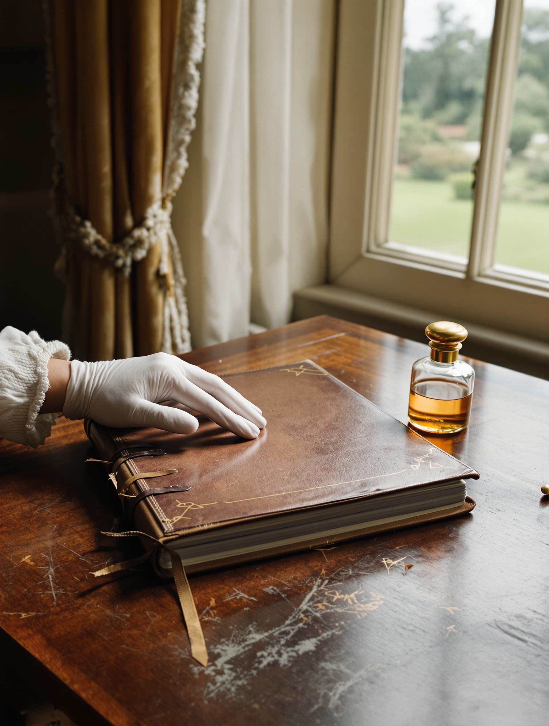 A gloved hand resting on an antique journal beside a brass-stoppered perfume bottle on a worn Victorian writing desk.