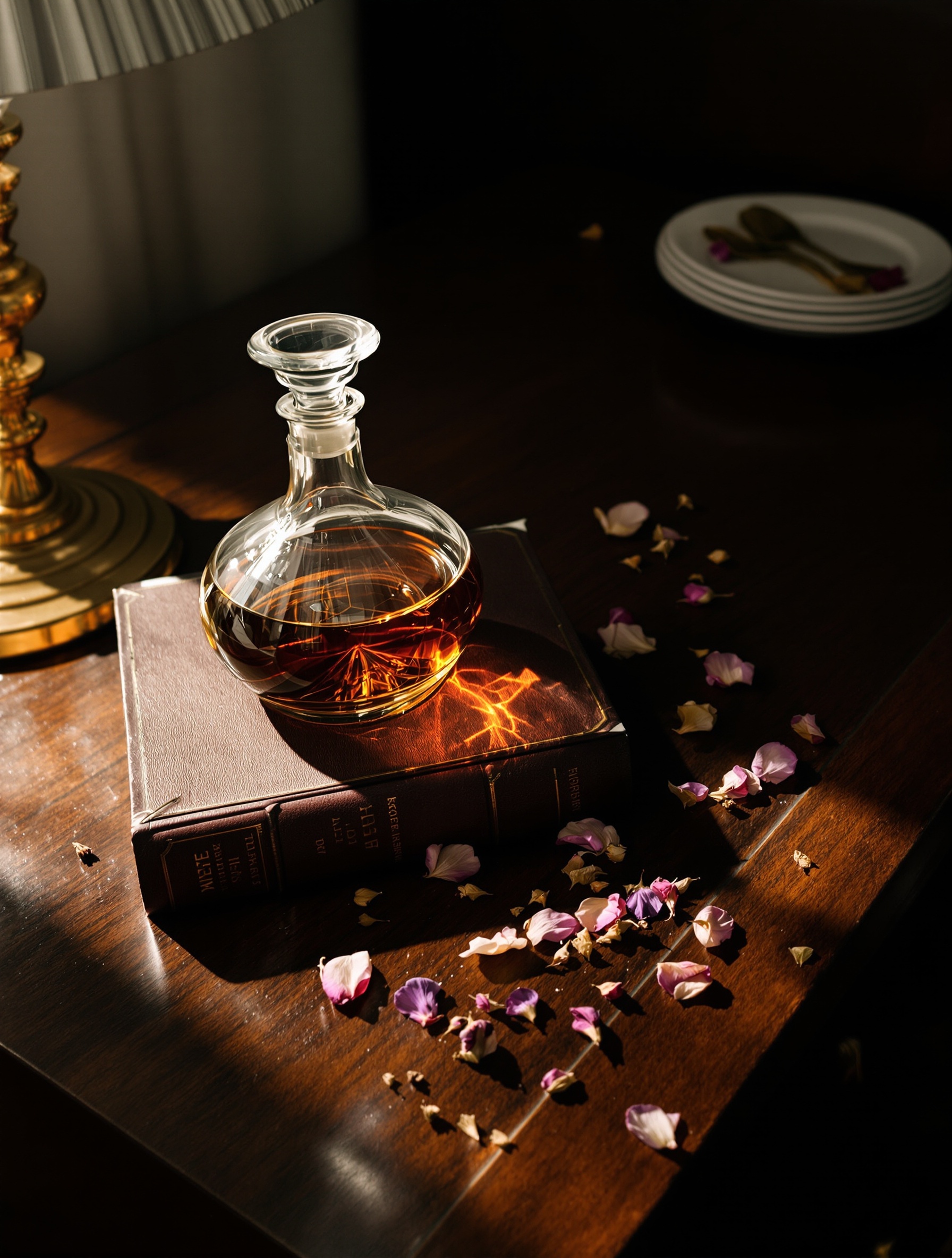 A real glass decanter of garnet cognac rests on a mahogany table beside scattered cloves and dried heliotrope petals in warm lamplight.