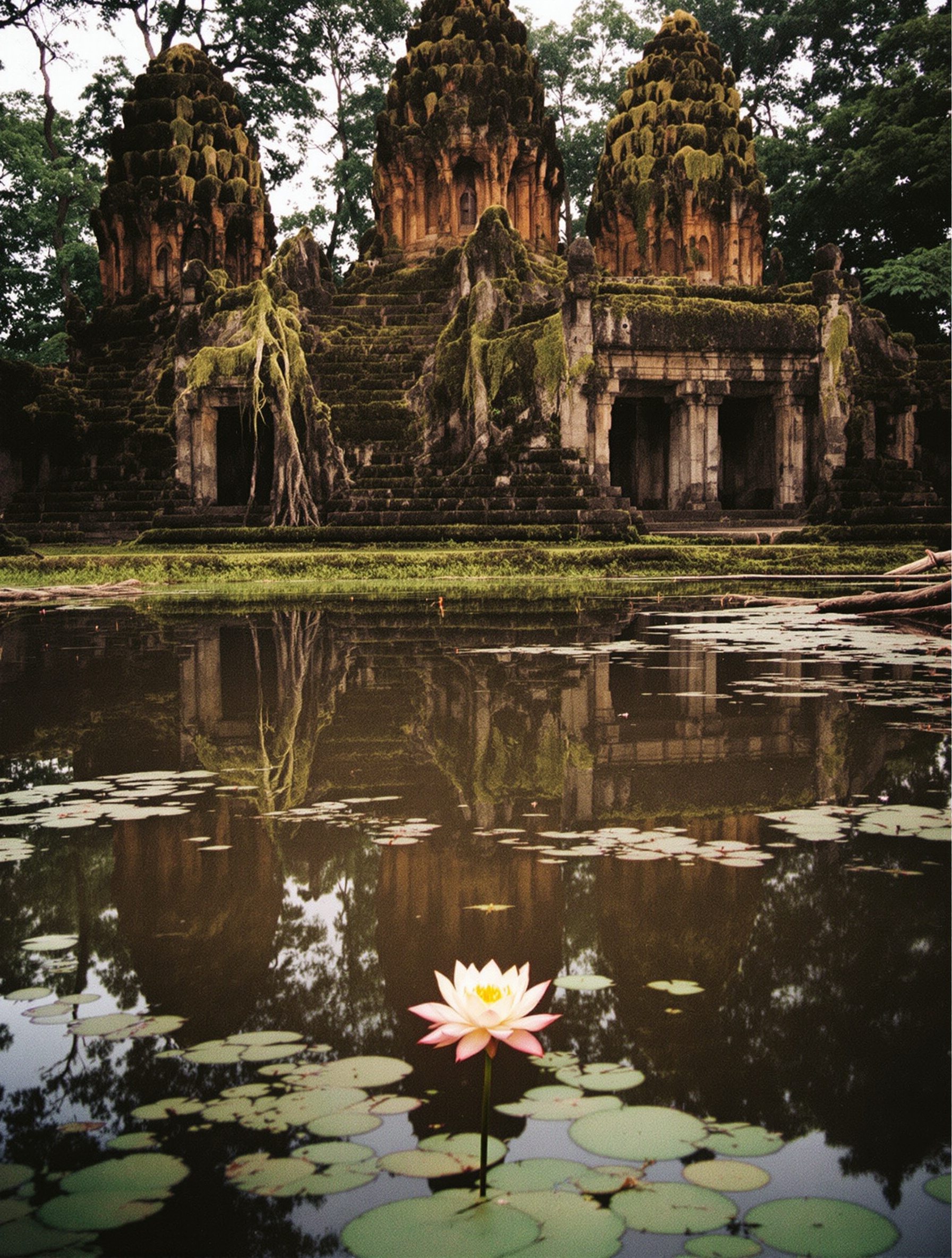 Seekuntum teratai pucat yang sendirian mengambang di hadapan kuil Khmer berlumut yang terpantul dalam air tenang yang gelap saat senja, direkam di atas film 35mm berbutir kasar.