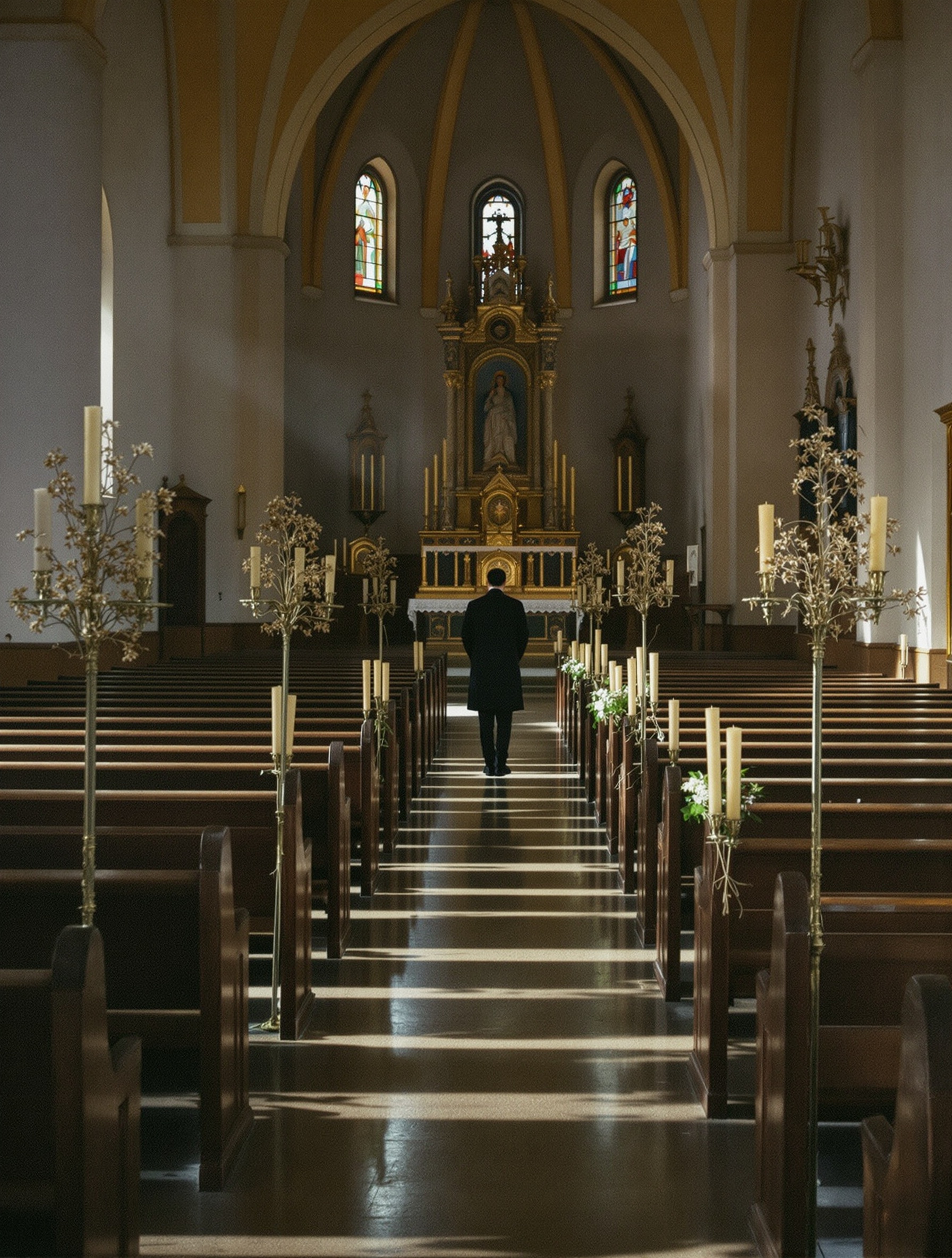 Żałobnik stoi sam w słabo oświetlonej rumuńskiej prawosławnej nawie, przepalone świece i suszone kwiaty immortelle spoczywają na starożytnym kamieniu w zimnym bursztynowym świetle.