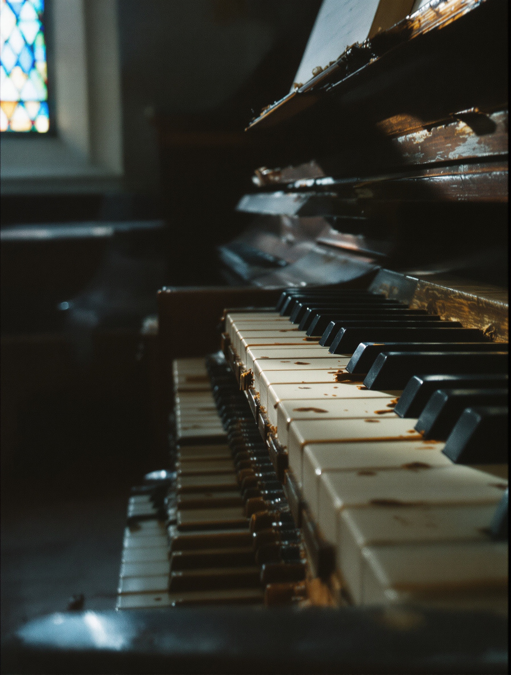 Close-angle film photograph of aged organ keys in a candlelit stone church interior thick with incense haze.