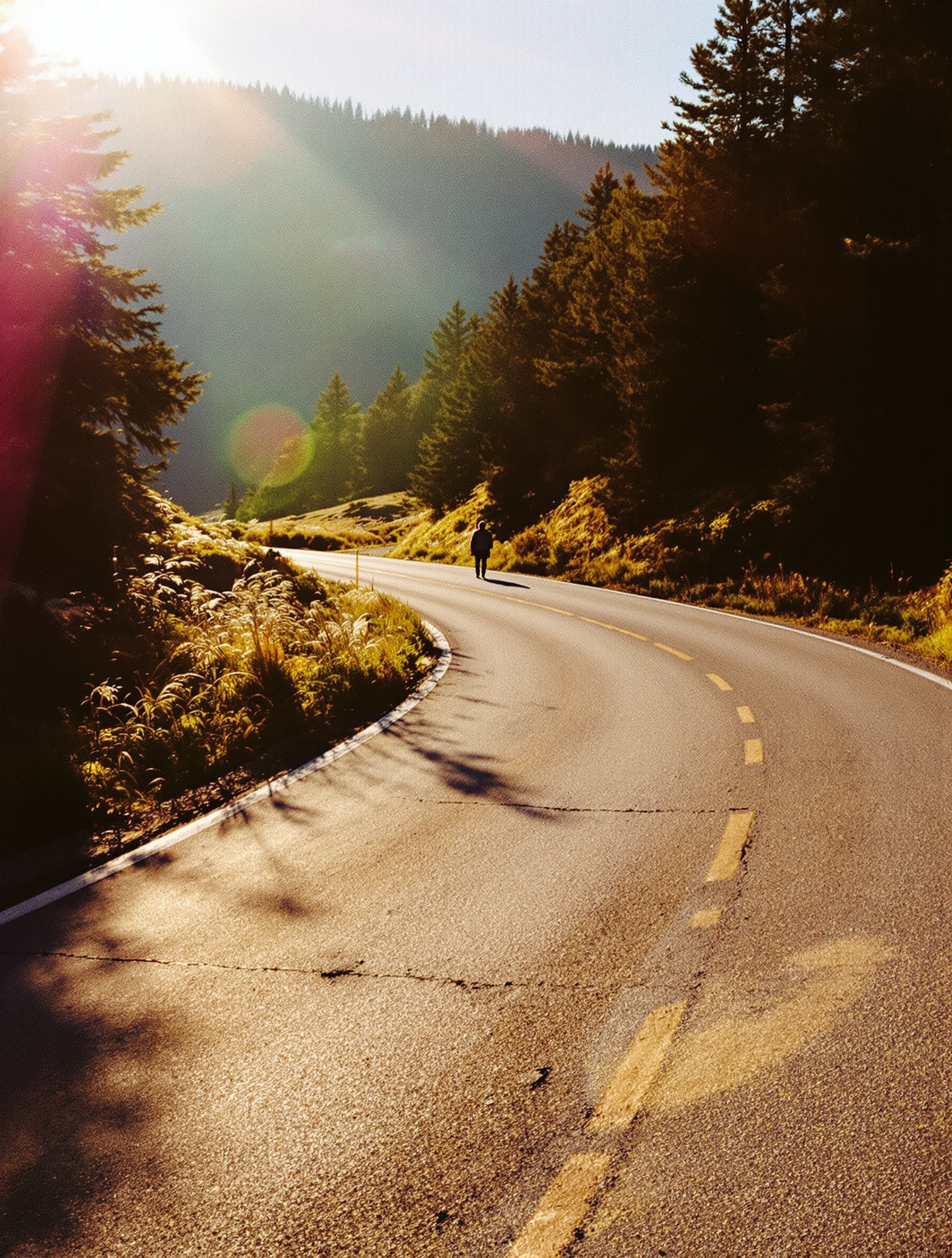 A lone figure walks away down a sun-warmed Carpathian mountain road at golden hour, shot on grainy 35mm film.