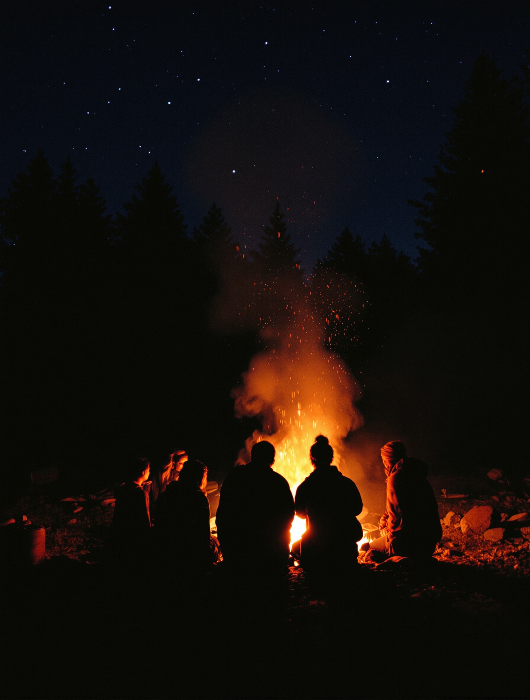 Silhouetted friends gathered around a Carpathian bonfire under a grainy star-filled night sky, shot on 35mm film.