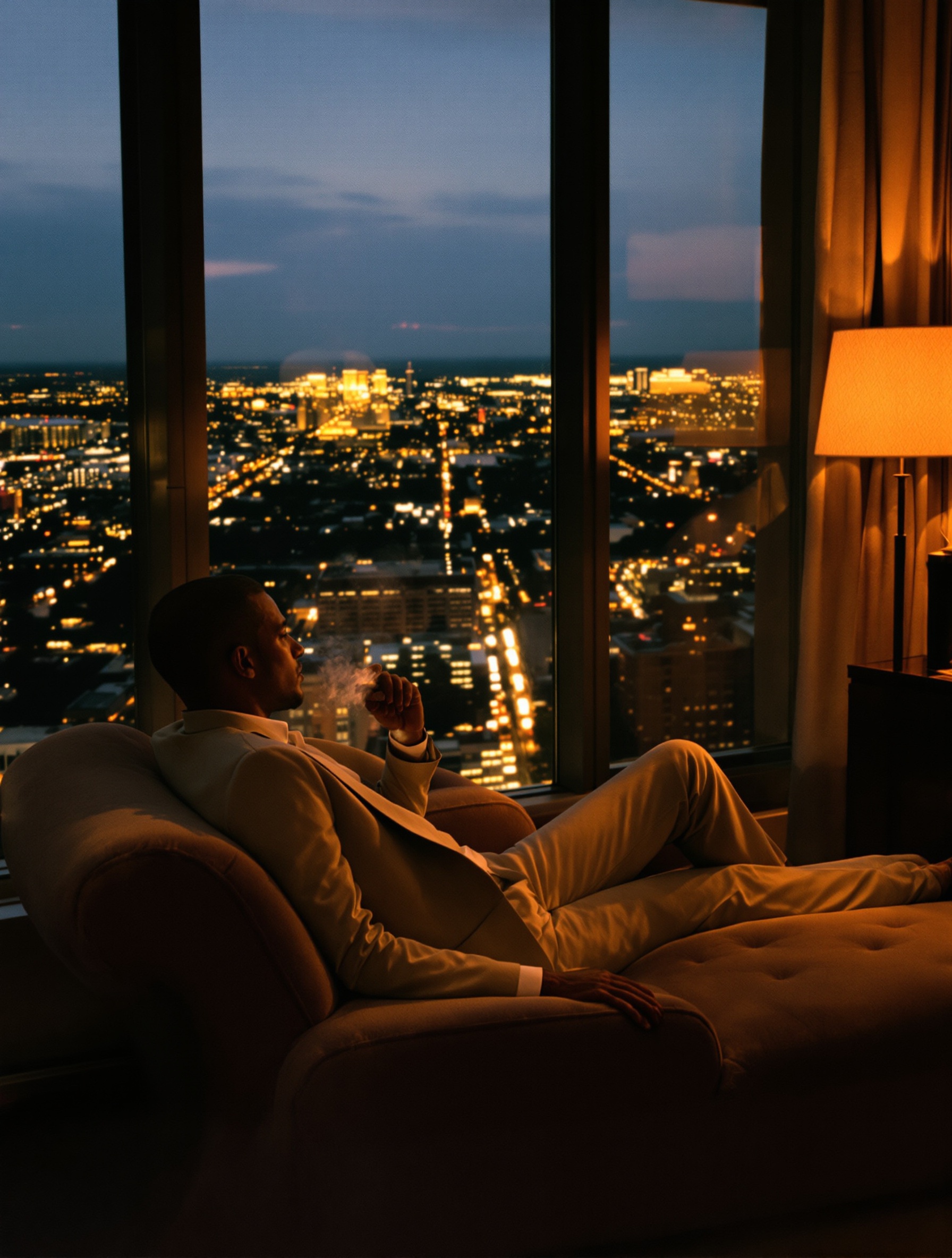 A figure in a cream blazer reclines on a velvet chaise facing glowing city lights at dusk, cigarette smoke curling toward the window.