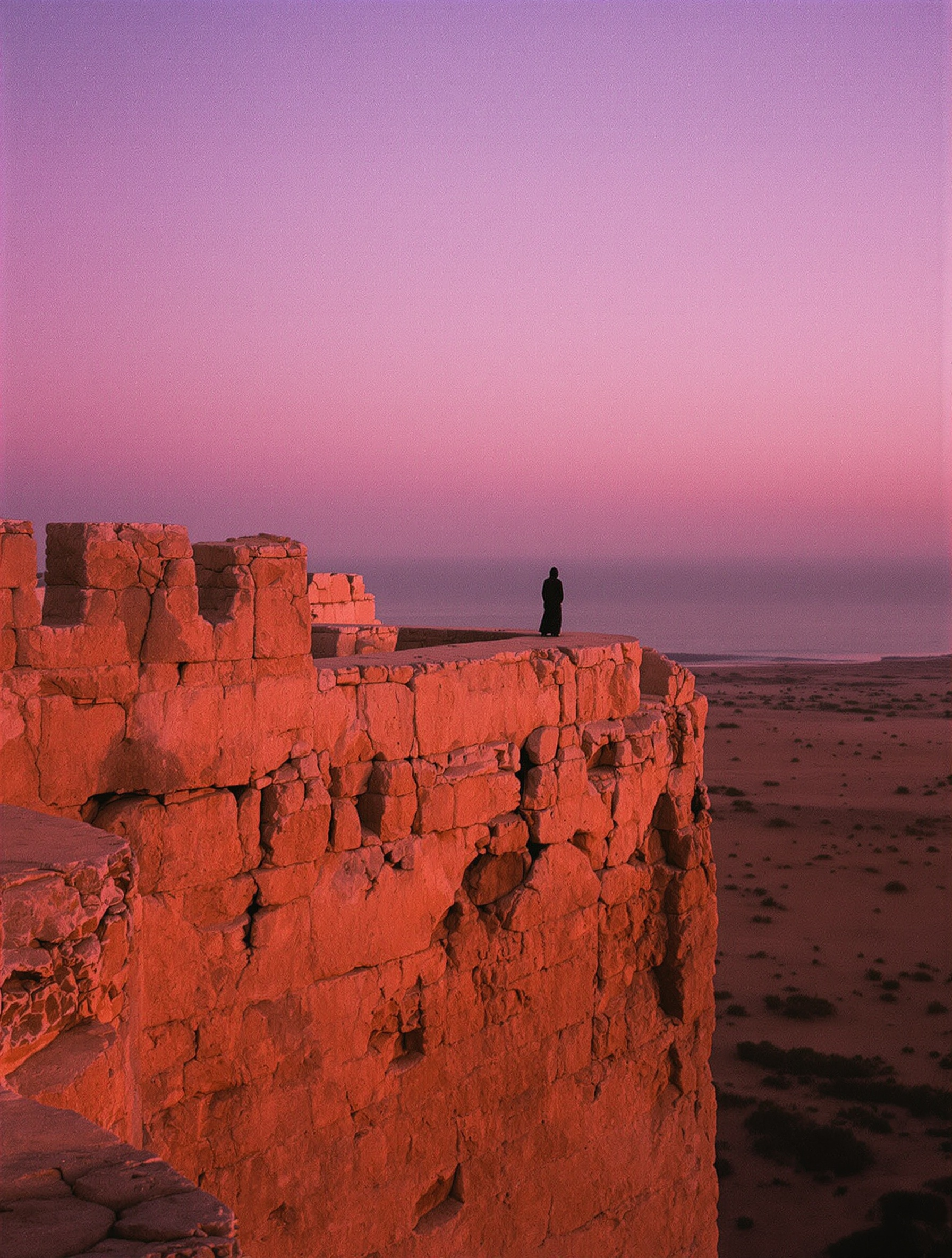 A solitary figure viewed from behind stands atop a weathered Omani citadel wall at dusk, shot on grainy film with warm fading light dissolving into deep violet sky.