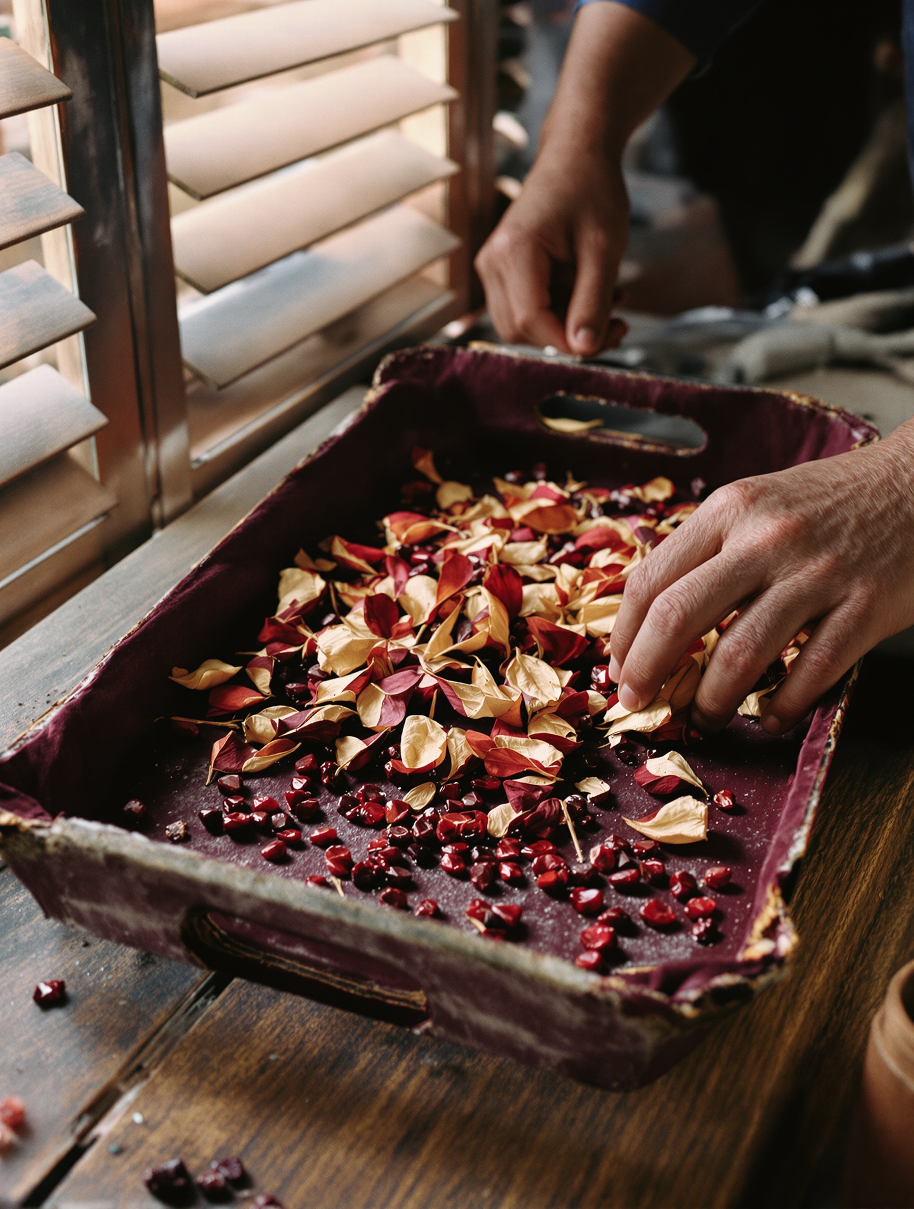 Kelopak hibiscus kering dan serpihan garnet mentah di atas nampan beludru lusuh, dalam cahaya hangat sore hari di souq tembaga.