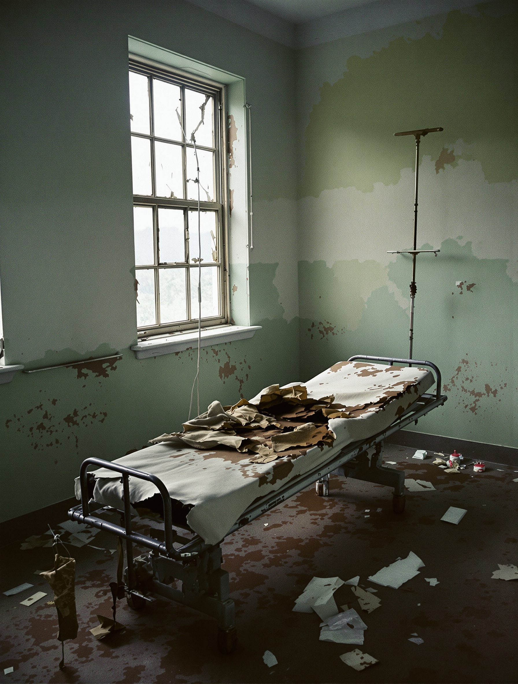 Derelict field hospital gurney with old bloodstains under harsh available light, documentary film photography.