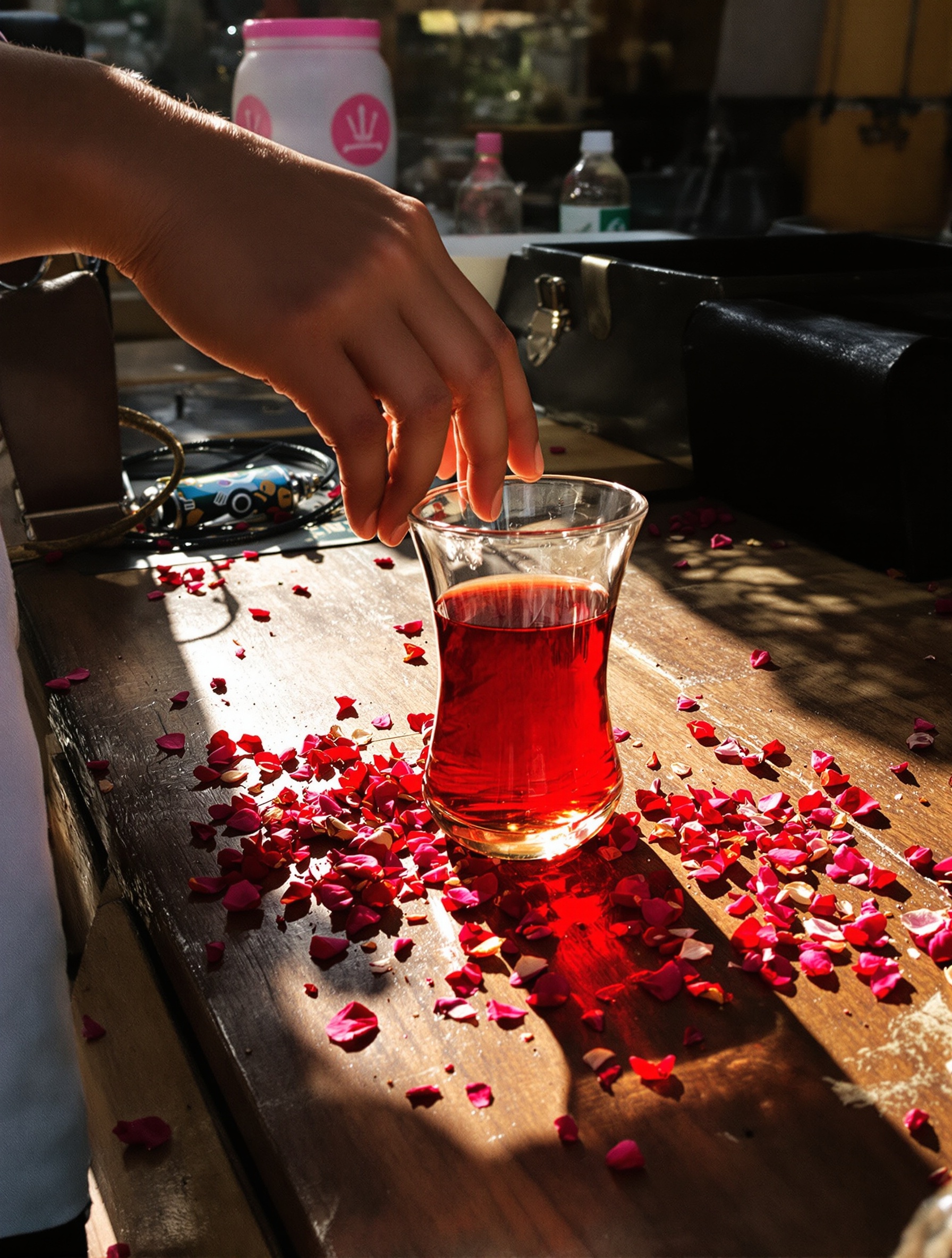 Foto film candid sebuah tangan yang meraih segelas teh hibiscus merah di atas meja pasar yang disinari cahaya matahari.