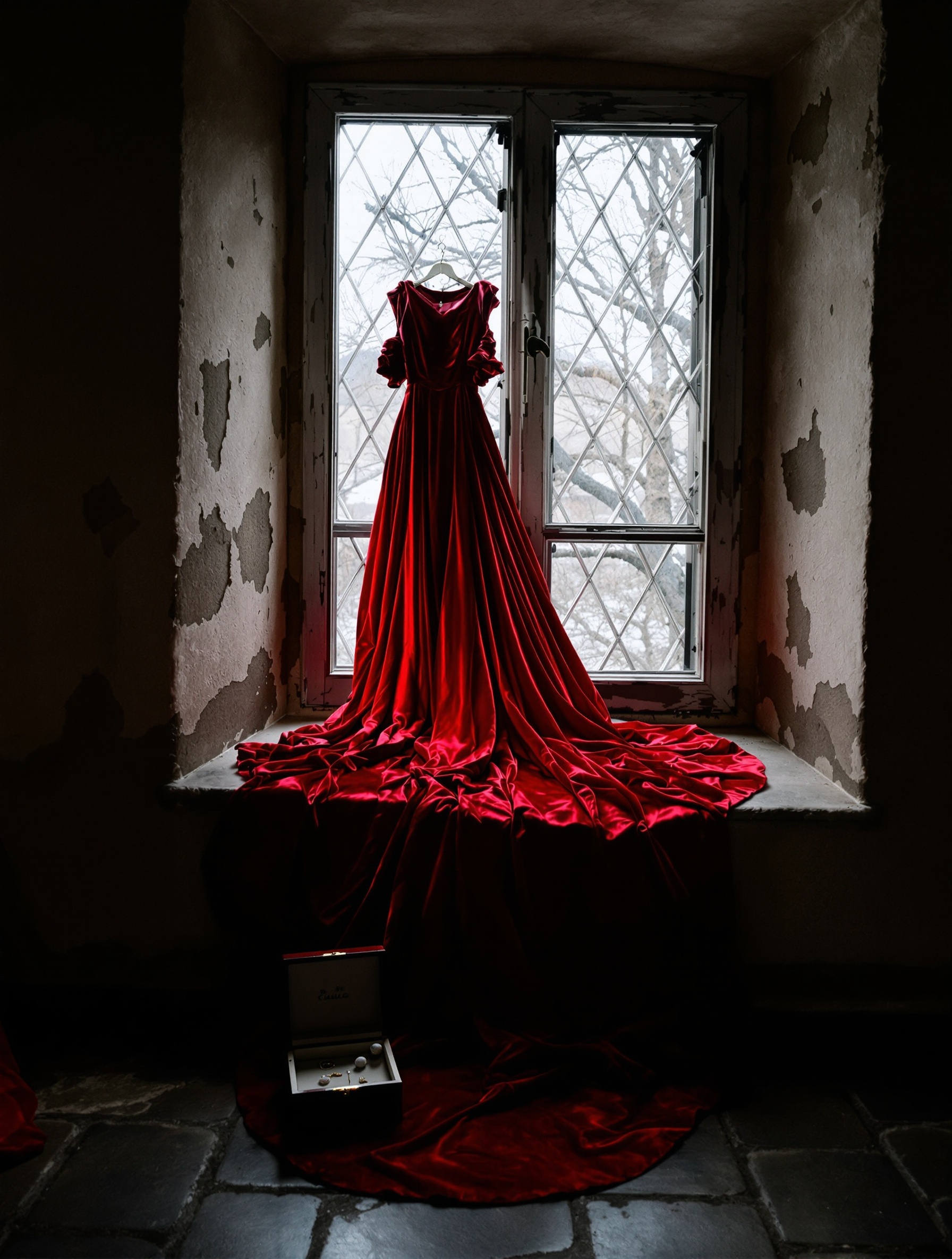A scarlet velvet gown draped over a cold stone windowsill in a dimly lit château room beside an open jewellery box, shot on 35mm film.