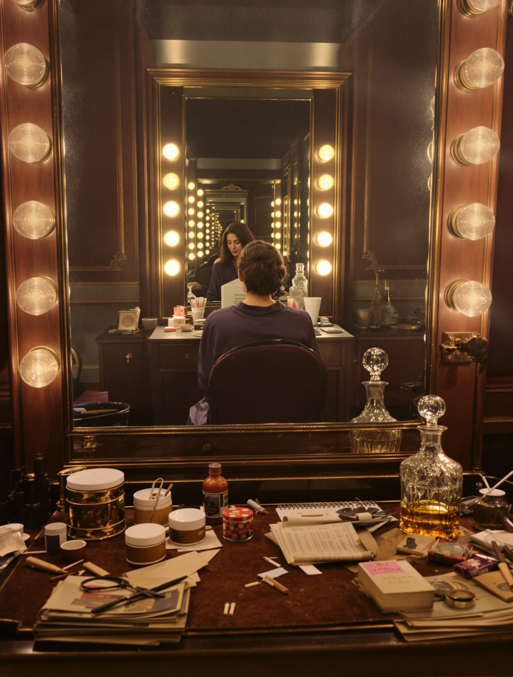 A figure seated at a backstage opera vanity, seen from behind, surrounded by cognac and candlelit amber light.