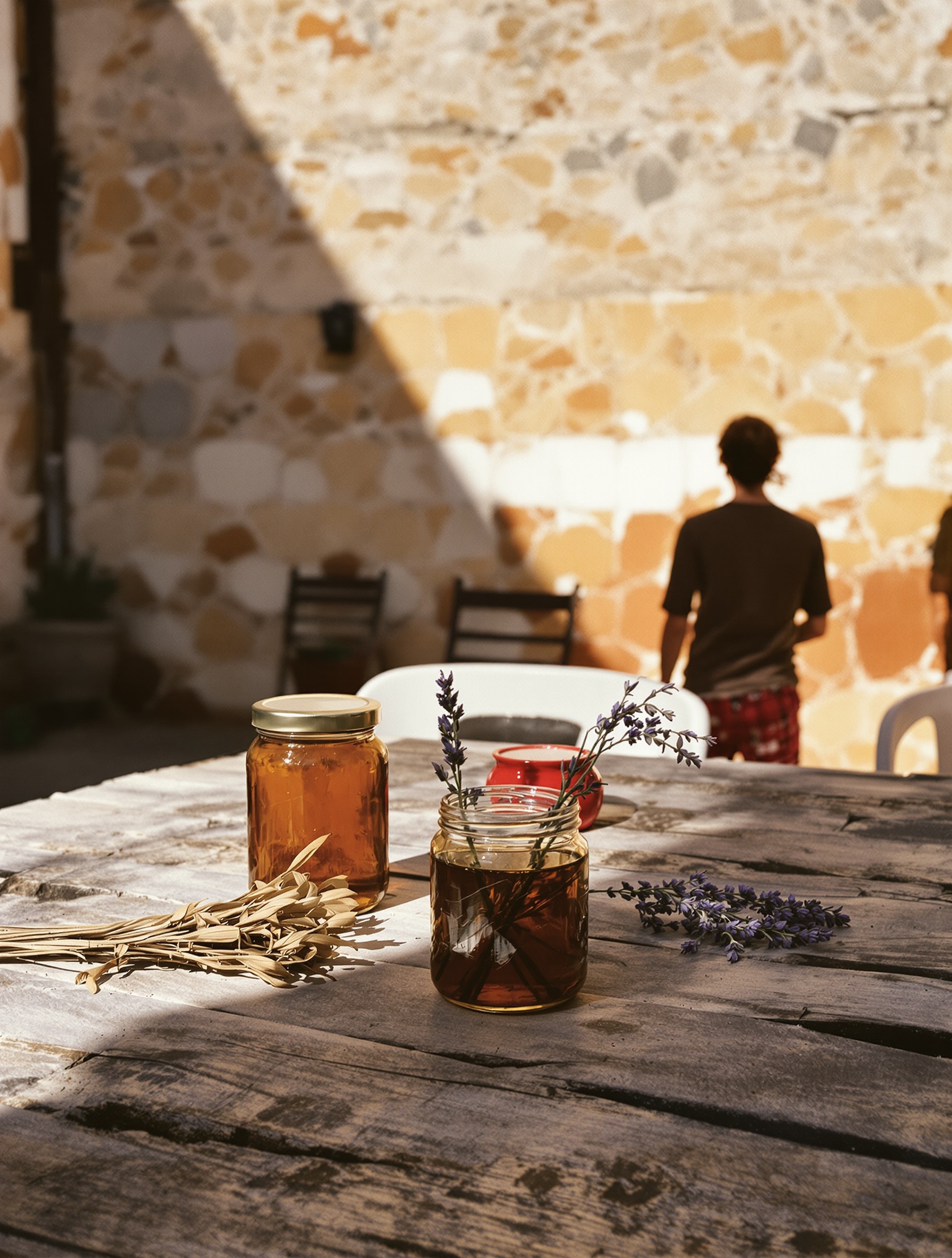 A sun-bleached Sicilian terrace with honey, tobacco, and lavender on a weathered table, a figure facing away toward an ancient tiled wall.
