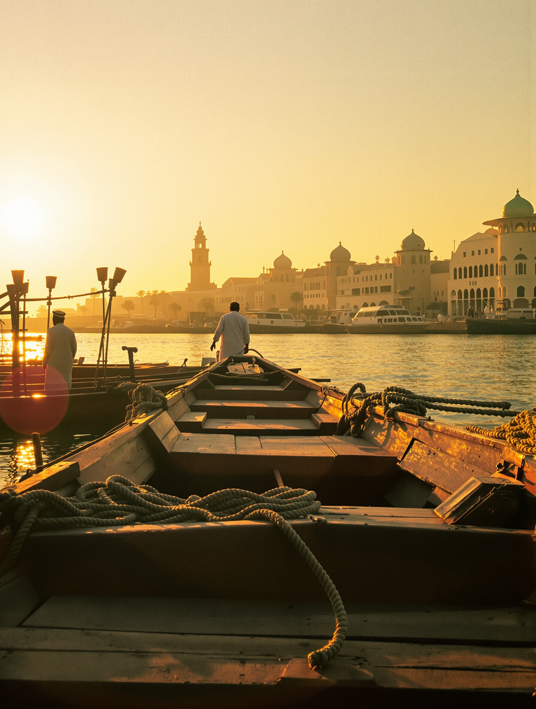 Sebuah foto dokumenter sinematik di Dubai Creek saat golden hour, menampilkan perahu abra kayu tradisional dan sosok jauh yang menatap arsitektur menara angin bersejarah.