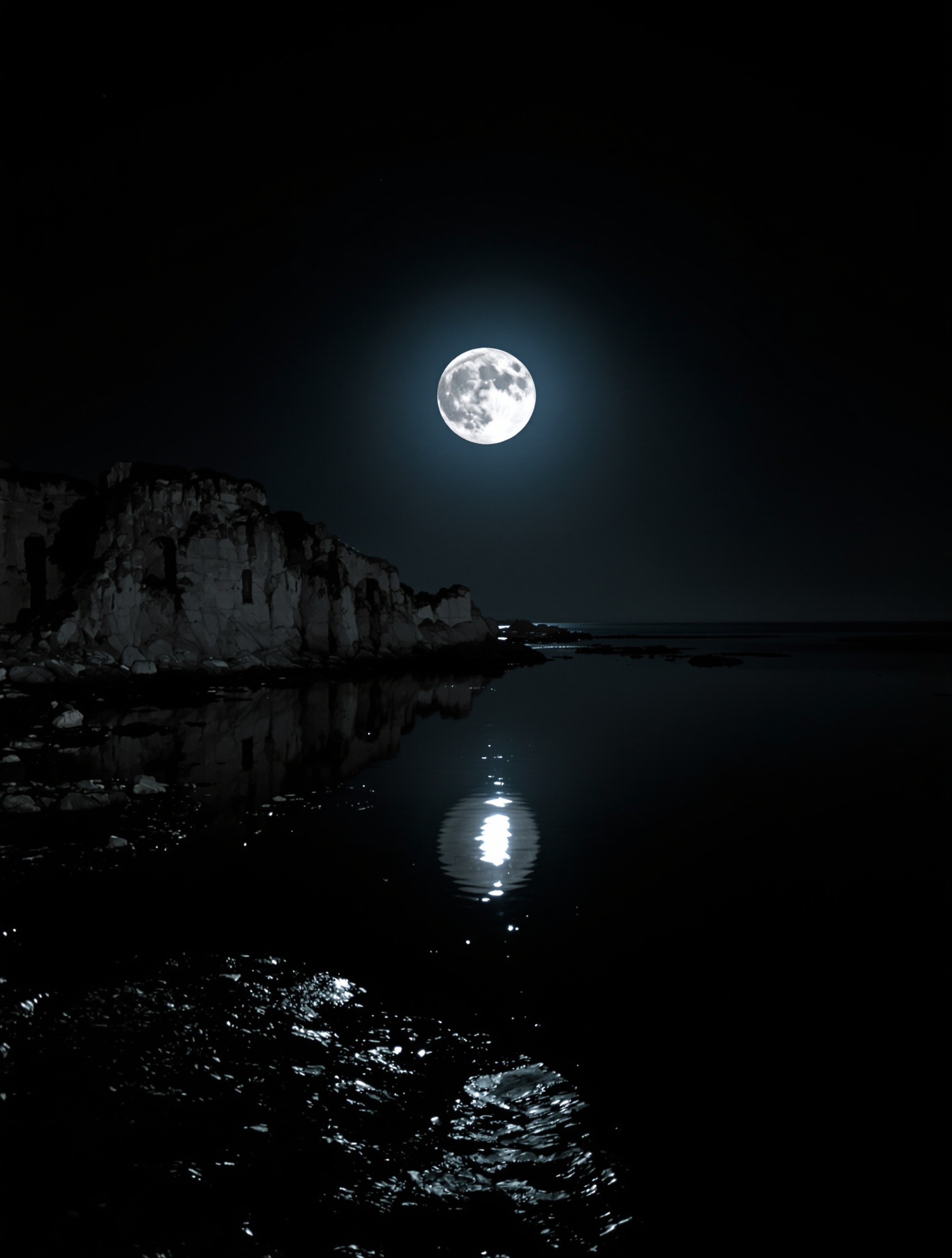 Full moon reflected on a still midnight sea beside weathered stone ruins, shot on grainy film in natural moonlight.