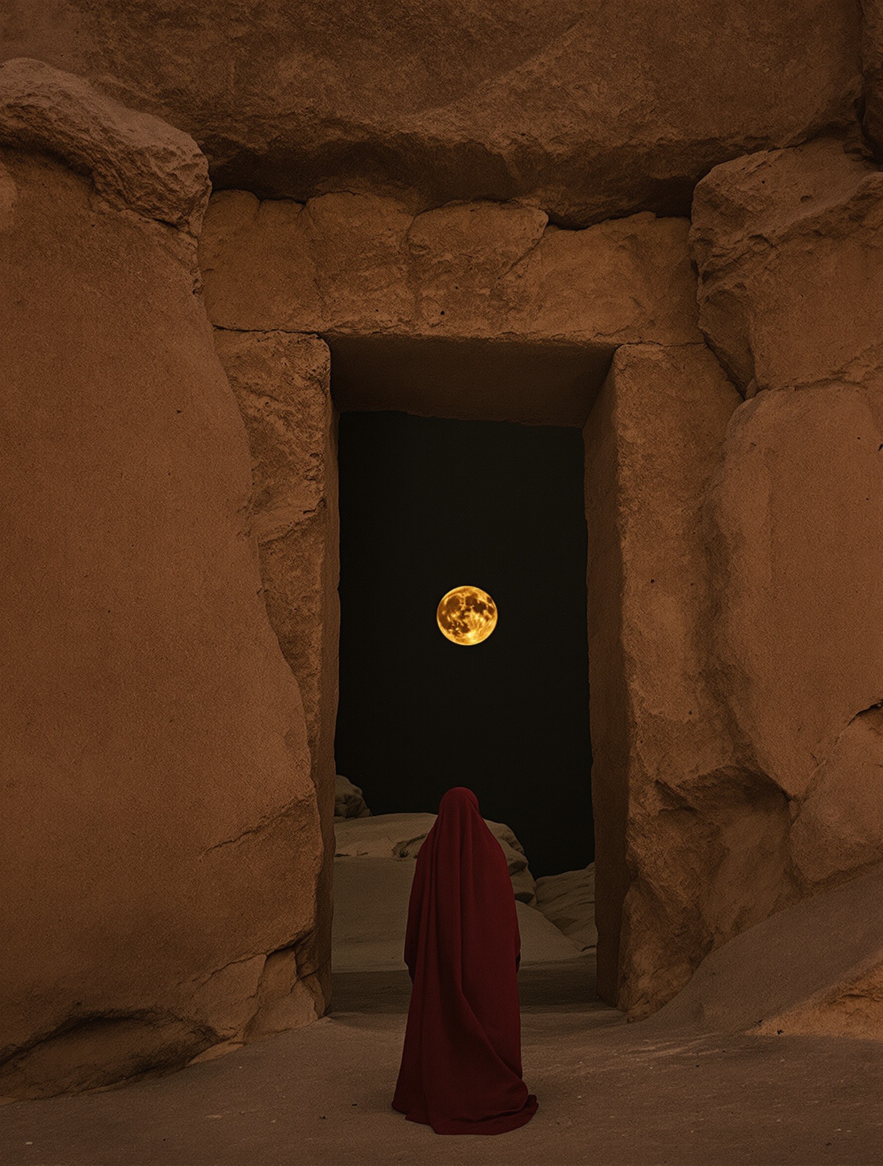 A lone crimson-cloaked figure faces an ancient sandstone archway beneath a low amber moon in the Al-Ula desert at midnight.