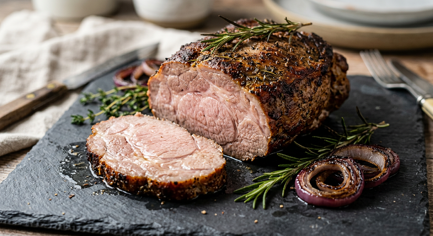 Karkówka sous-vide z mocno przypieczoną skórką na ciemnym tle
