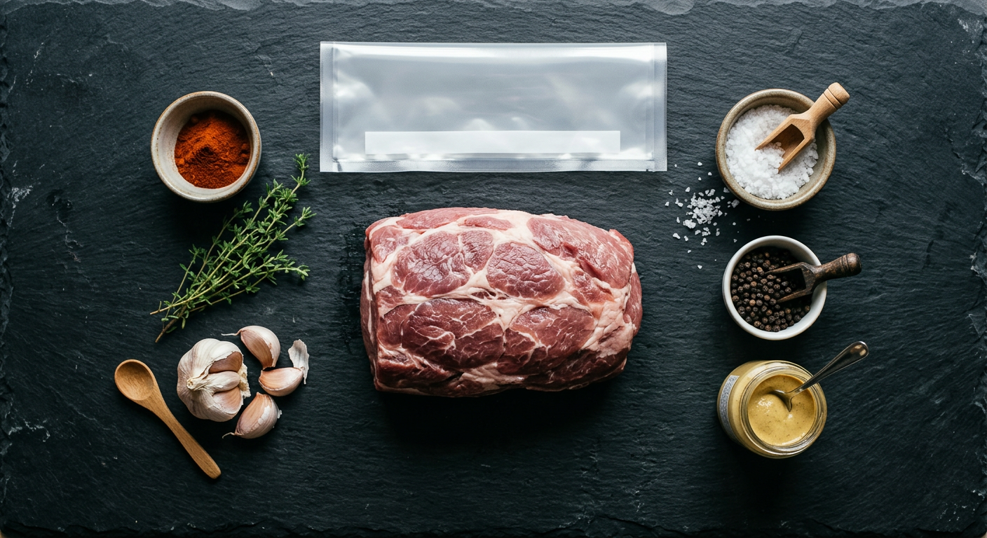 Składniki do karkówki sous-vide z przyprawami i workiem