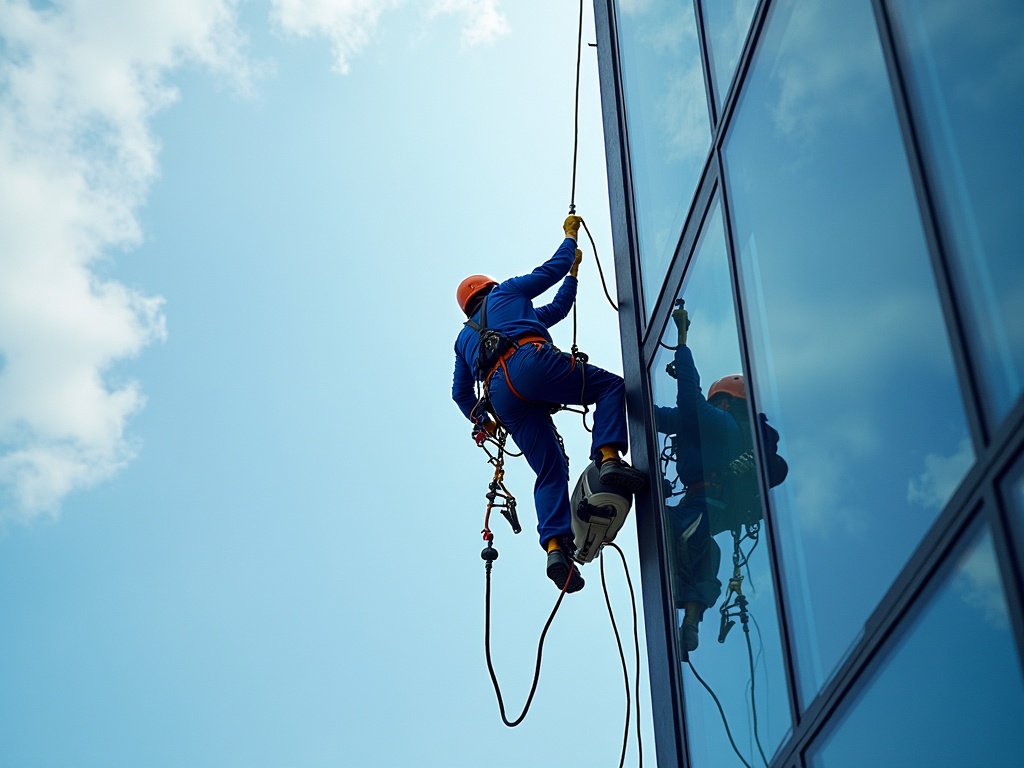 Glazenwasser aan het werk op hoogte