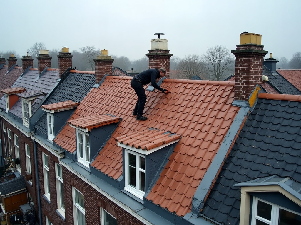 Dakdekker aan het werk op Amsterdams dak