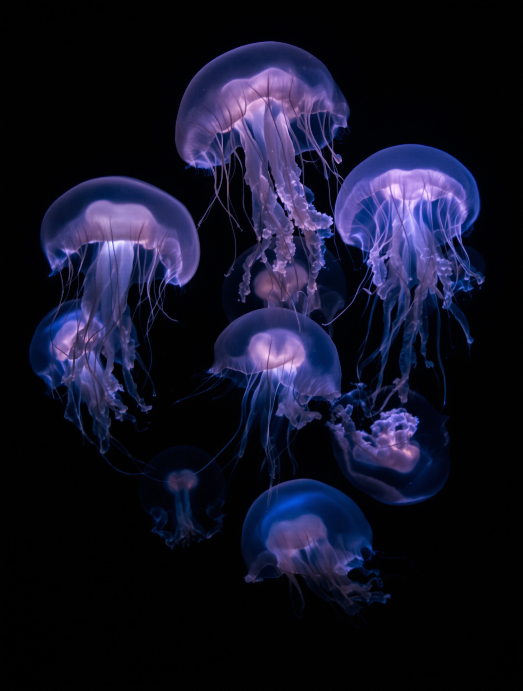 Ubur-ubur bioluminesens berpendar ungu dan biru di tengah kegelapan pekat samudra dalam, lonceng-lonceng bening dan tentakel-tentakel menjuntainya terabadikan dengan realisme presisi khas fotografi dokumenter laut dalam.