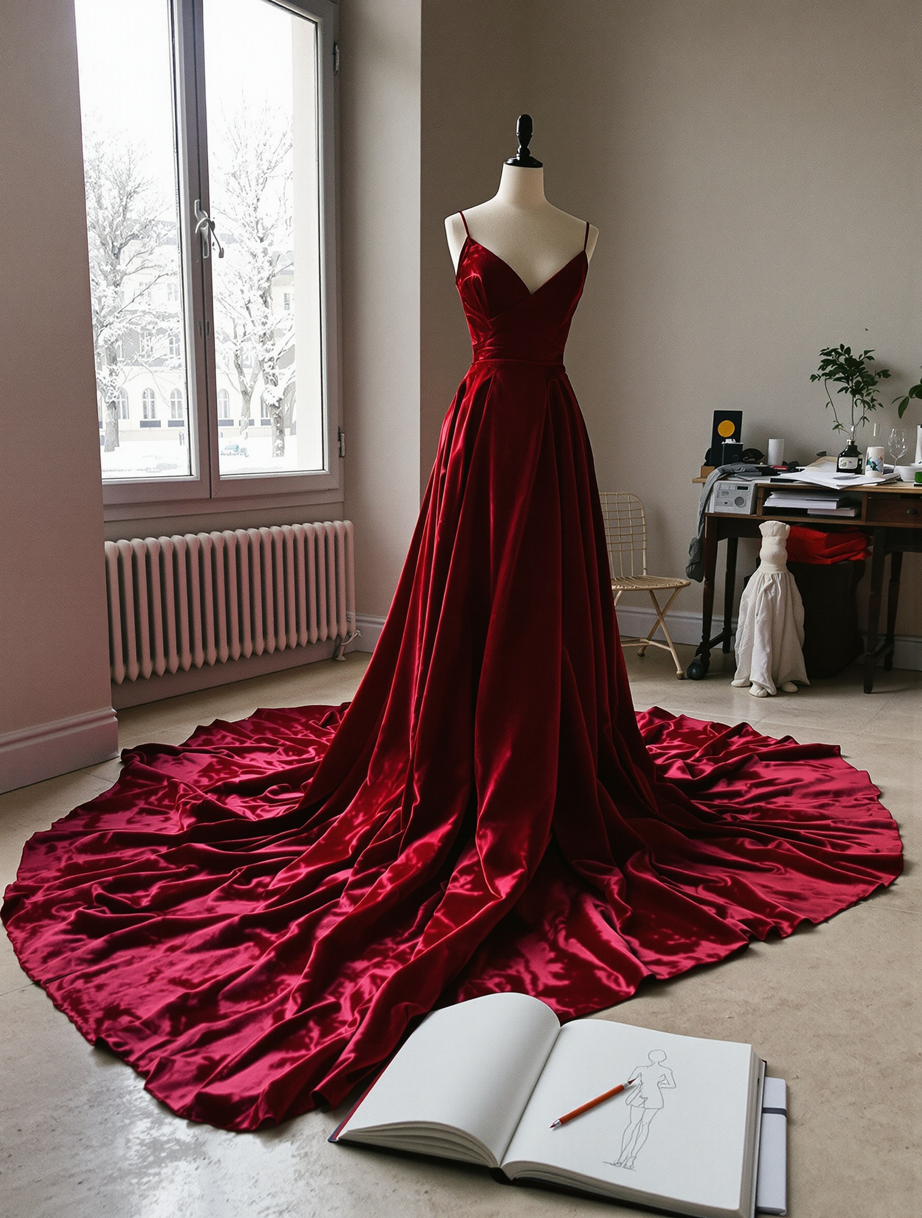 A scarlet velvet gown on a dressmaker's form in a winter-lit Parisian atelier, fabric pooling on stone beside an open sketchbook.