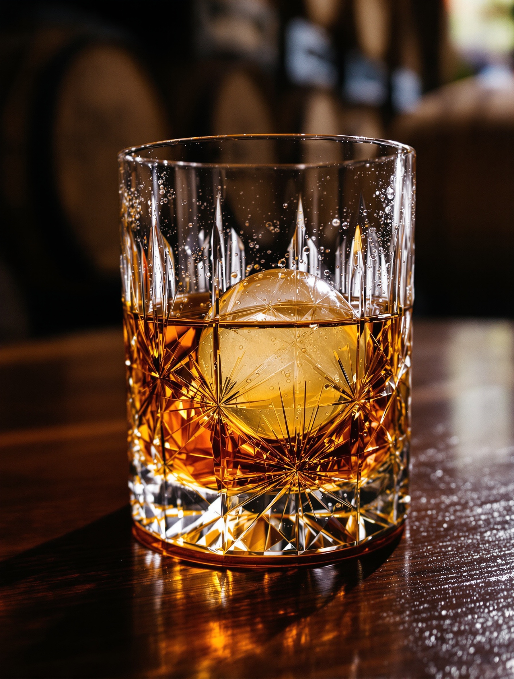 Sebuah gelas kristal batu berembun penuh Cognac amber di atas bola es besar yang jernih bertengger di atas kayu mahoni gelap, sementara ruang bawah tanah Cognac yang bersinar lembut membaur di latar belakang.
