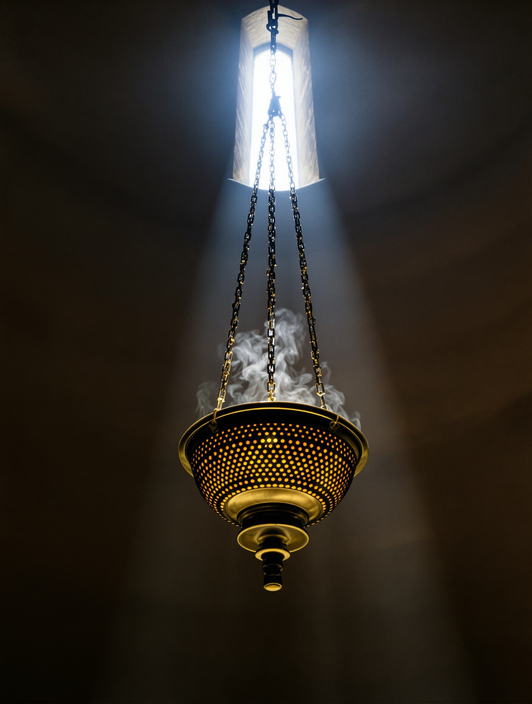 A brass censer swinging on chains in a stone hall, glowing ash within, thick frankincense smoke rising through a single shaft of hard light against deep shadow.