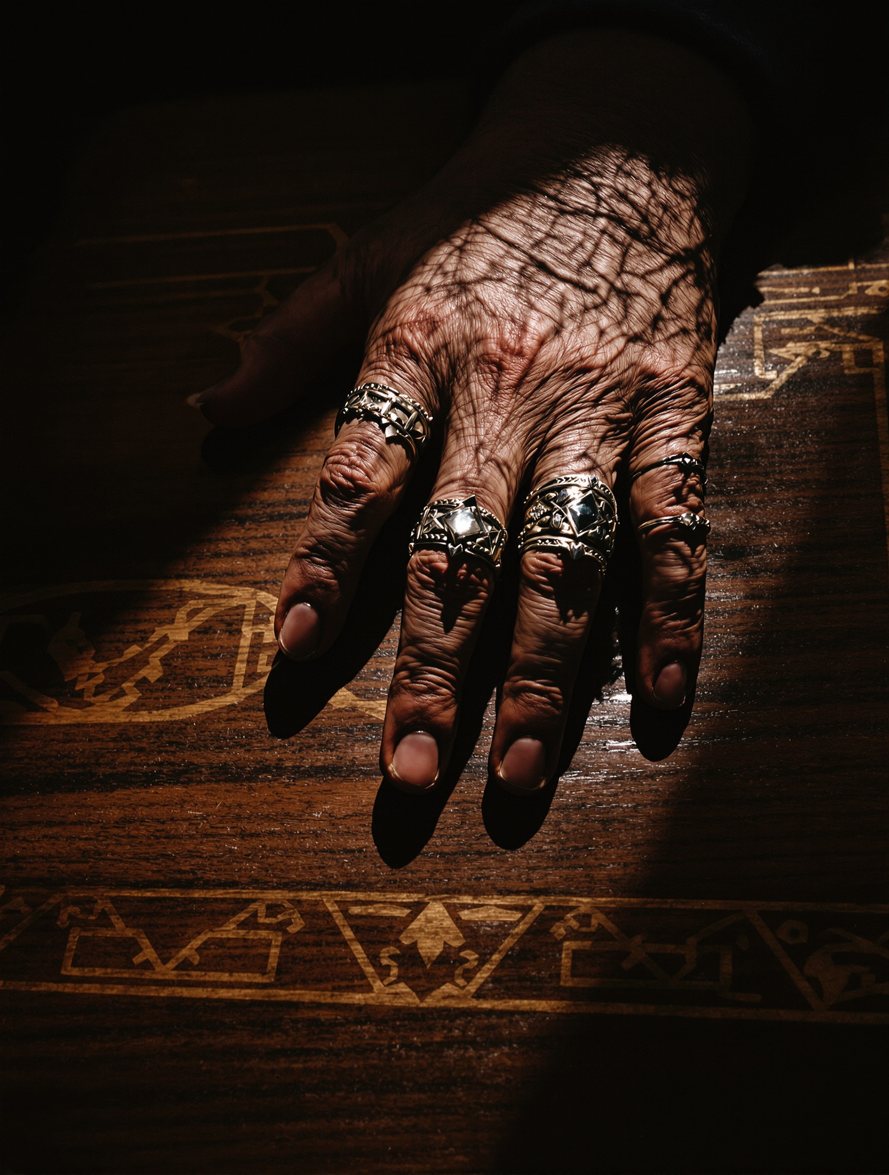 A weathered hand wearing antique silver rings rests on inlaid aged oud wood, raked by amber lamplight against deep shadow.