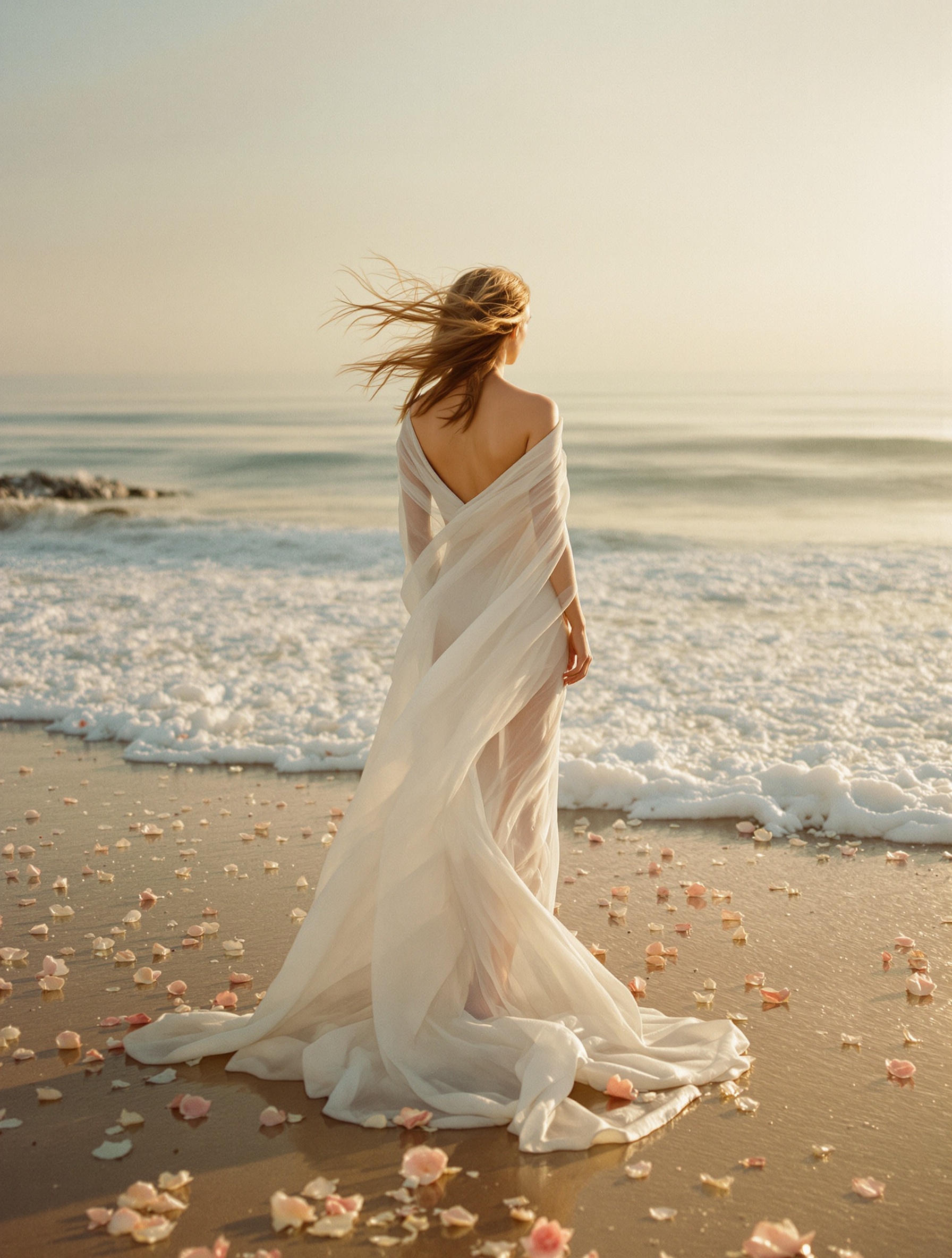 A golden-haired woman in sheer silk drapery stands at the foam-edged shoreline of a misty Sicilian dawn, rose petals on the wet sand around her feet, seen from behind against a peach horizon.