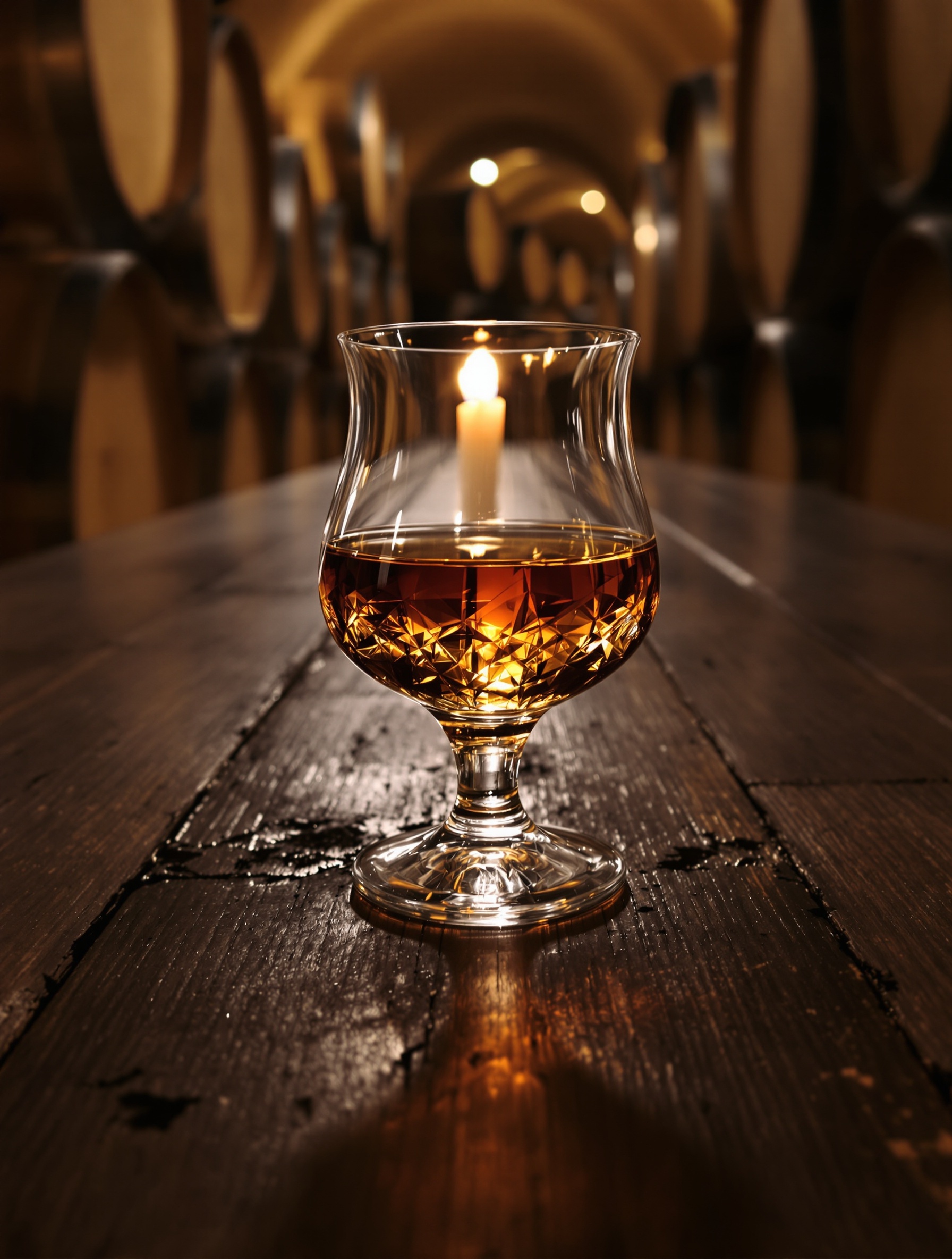 A crystal snifter of neat amber cognac glows by candlelight on dark oak inside a barrel-lined cognac cellar fading into shadow.