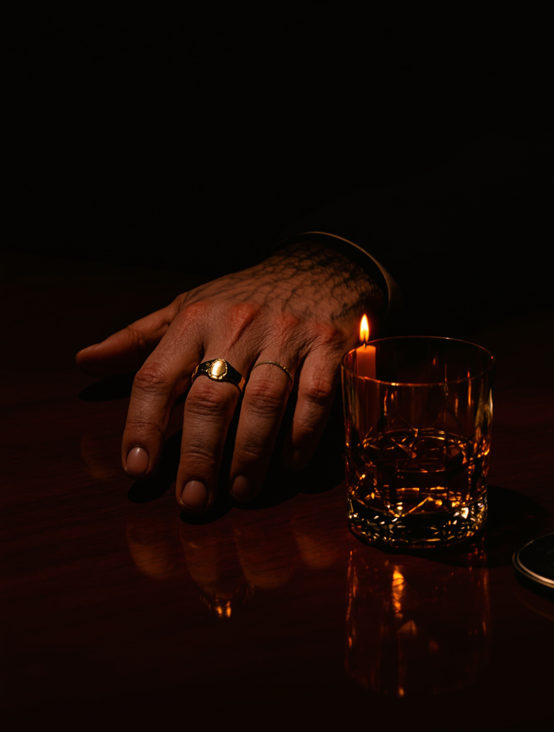 Sebuah tangan bercincin bertumpu di atas meja mahoni di samping gelas kristal berisi minuman keras pekat, disinari sebatang lilin di tengah kegelapan mutlak.