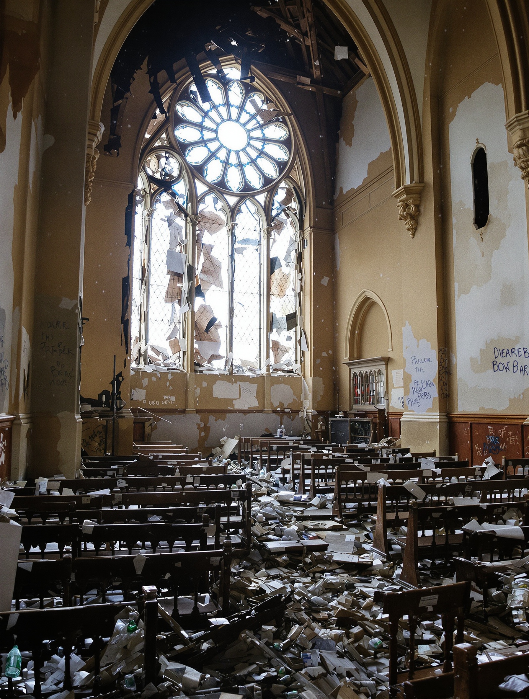 Salju basah jatuh melalui jendela kaca patri yang hancur ke dalam katedral terbengkalai, mengendap di bangku-bangku gereja yang patah dan berserakan botol-botol serta dinding berlapis emas yang dipenuhi grafiti, direkam dengan film berbutir 35mm.