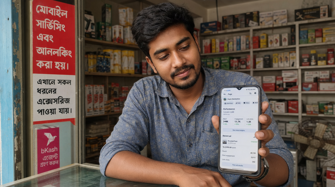 Bangladeshi small business owner checking Facebook metrics on smartphone