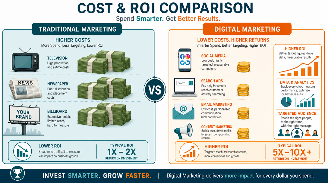 Marketing cost comparison infographic - traditional vs digital ROI for Bangladesh businesses
