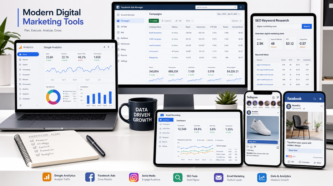 Digital marketing tools - laptop with analytics, social media ads, email marketing