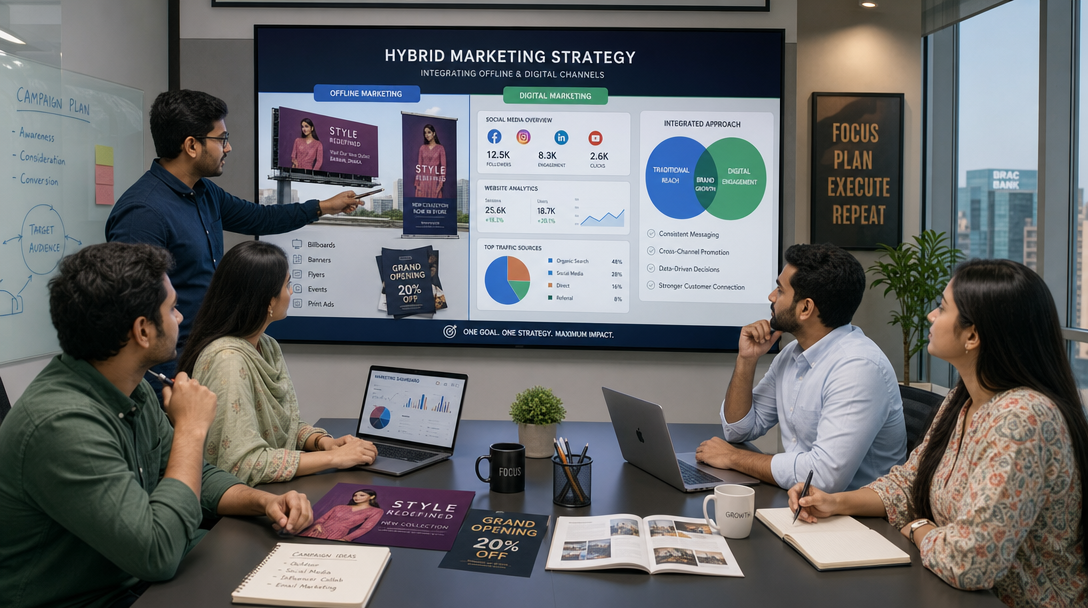 Hybrid marketing strategy - business team combining traditional and digital channels
