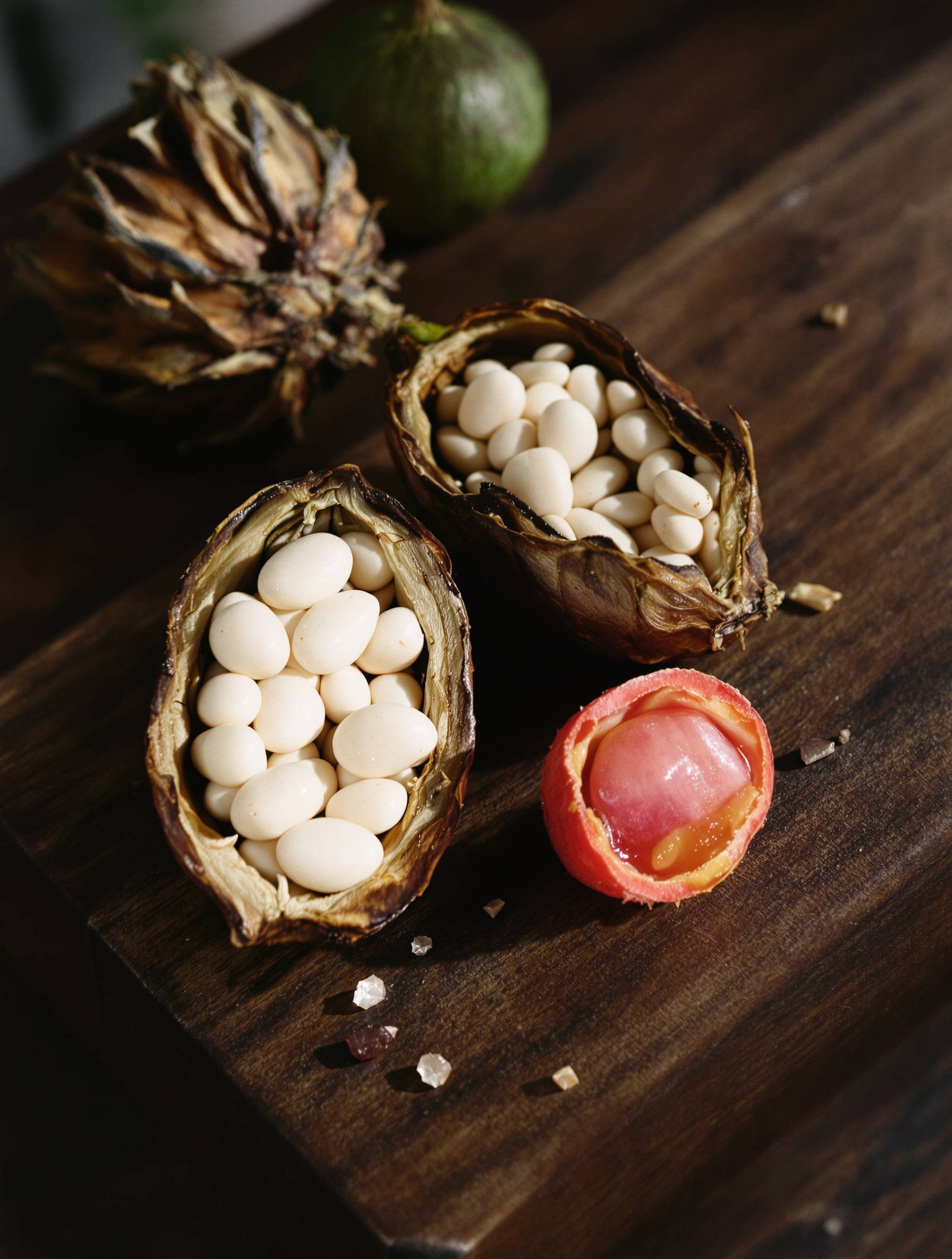 Rozcięte strąki kakao i przepołowione lychee na ciemnym, zużytym drewnie w ciepłym, skośnym świetle naturalnym.