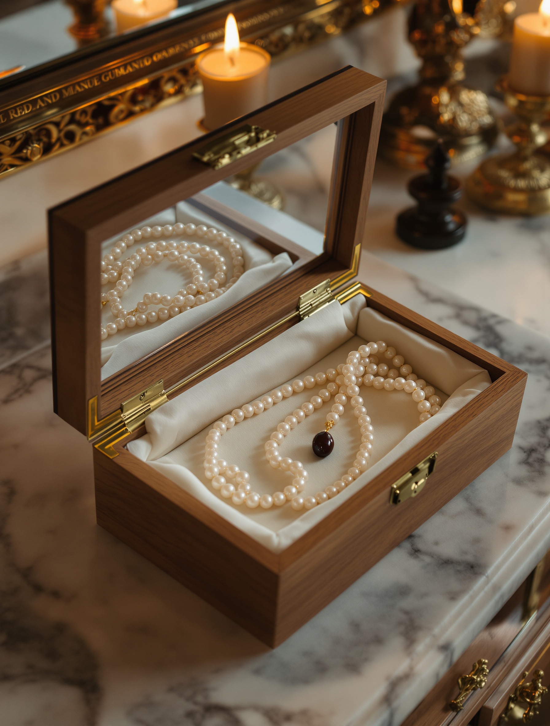 An open cedar-and-glass jewellery casket on a marble vanity, candlelight warming strings of pearls and a dark oud resin bead against ivory silk lining.