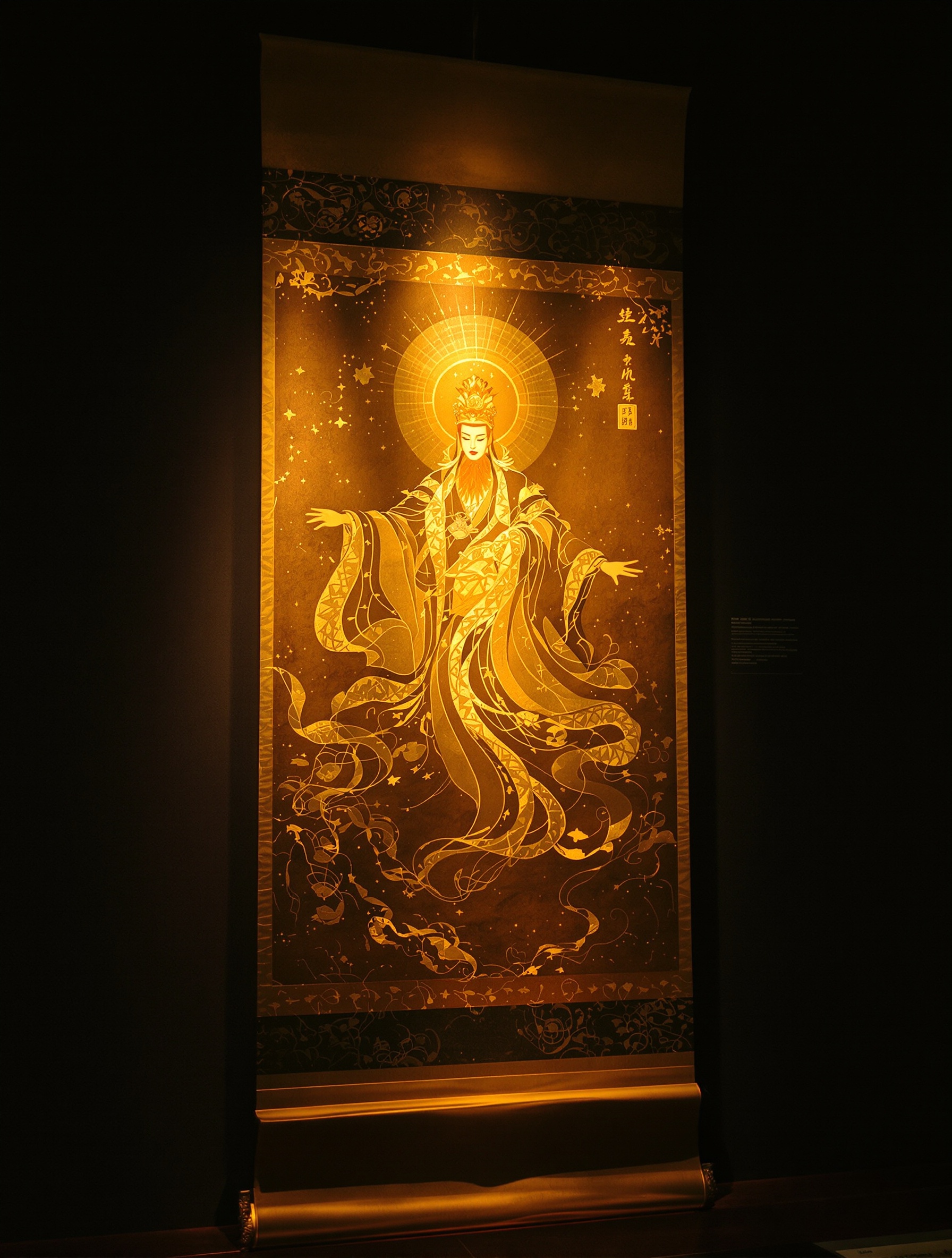 Sebuah gulungan lukisan berlapis emas zaman Dinasti Tang yang menampilkan seorang dewi surgawi melayang, bersinar di bawah sorotan museum yang hangat dalam galeri yang gelap.