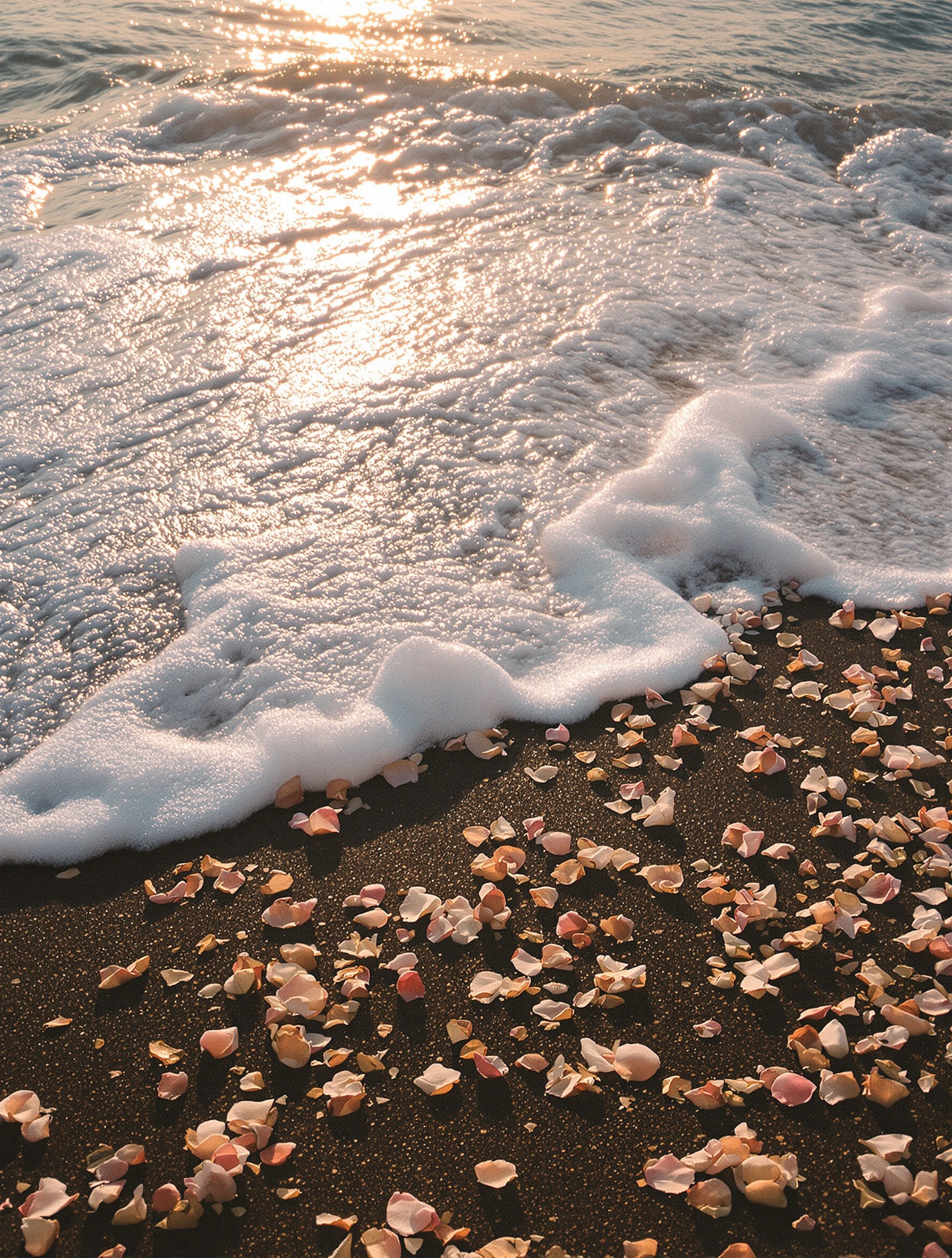 Sea foam dissolving across wet Mediterranean sand scattered with rose petals in warm peach-gold dawn light, shot on 35mm film.